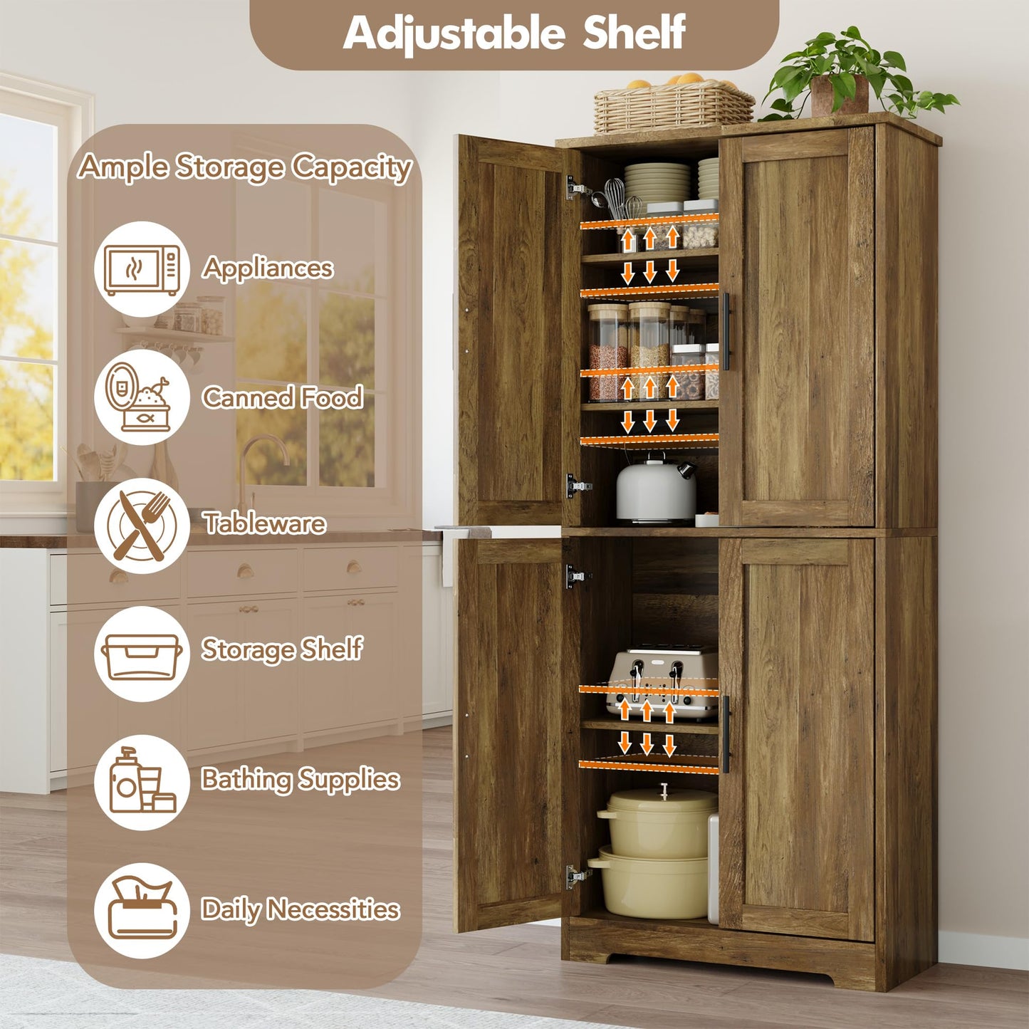 Garvee Modern Tall Pantry Cabinet – Freestanding Kitchen Storage Cupboard with 4 Doors & 3 Adjustable Shelves – Versatile for Living Room, Dining Room, Bathroom, Laundry, Utility – Barnwood Finish
