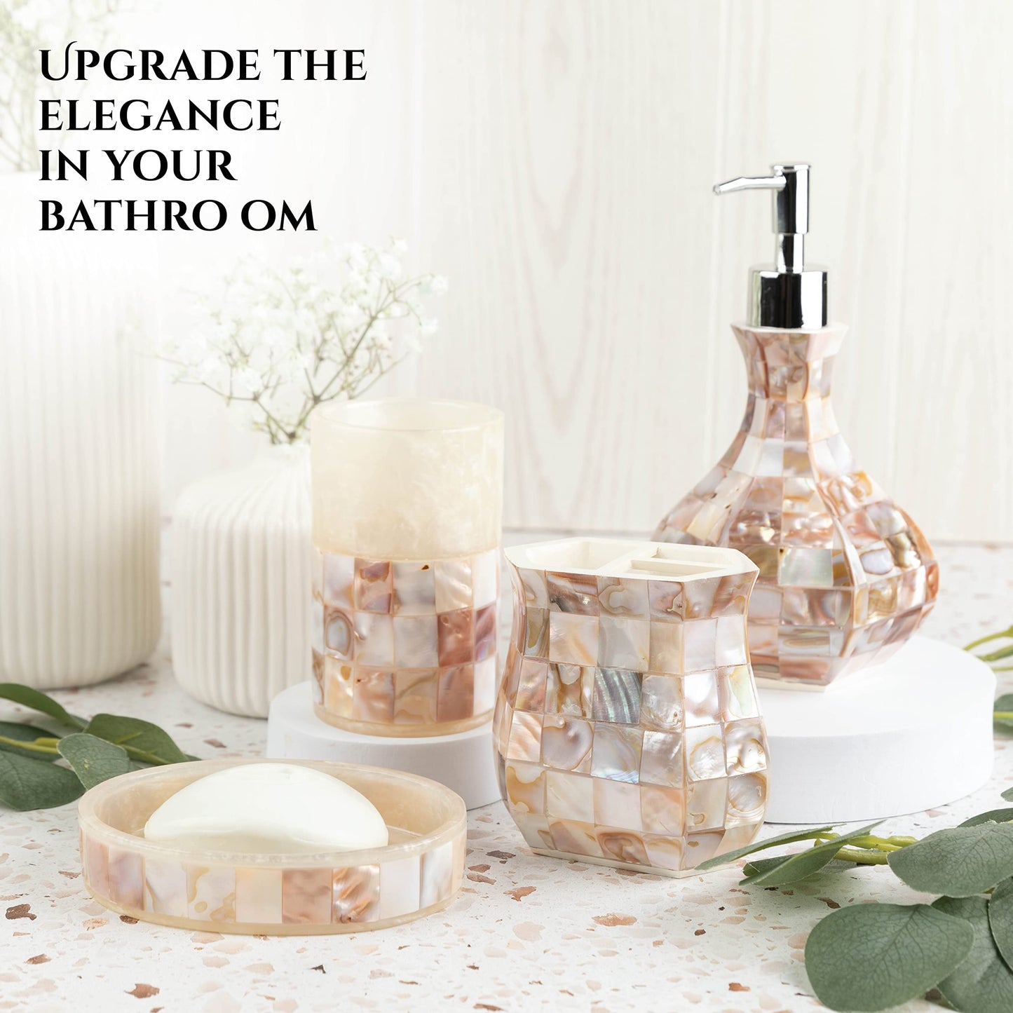 Milano Toothbrush Cup - Electric Toothbrush Holder for Bathroom fits Toothbrushes and Toothpaste - Bathroom Tumbler Cup Finished with Beautiful Mother of Pearl Shells
