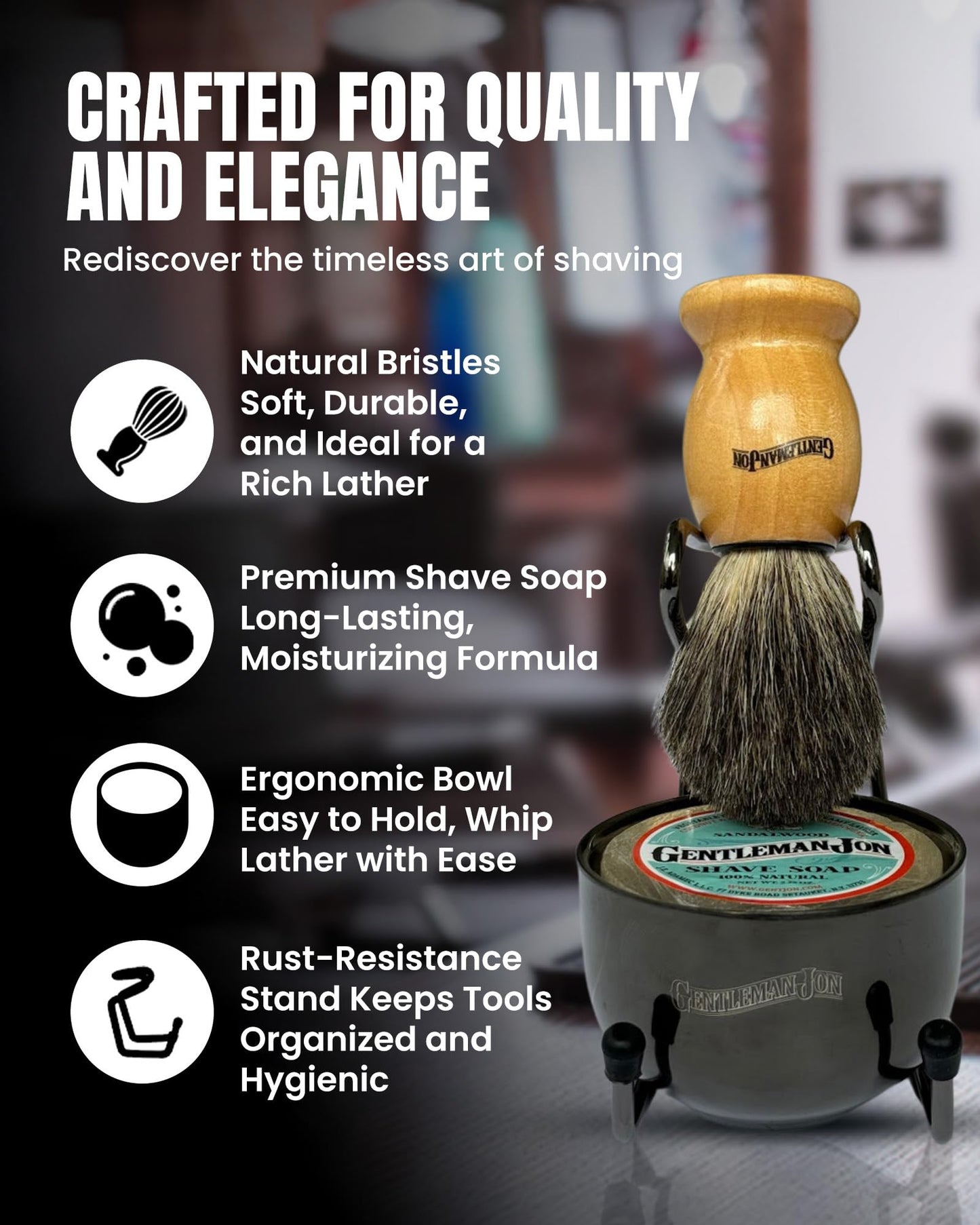 Gentleman Jon Complete Shaving Brush Kit – Old Fashion Shaving Kit for Men, Includes Shave Brush, Bowl, Soap & Stand, Vintage Wet Shave Mug, Barber-Style 4-Piece Gift Set, Men's Barber Accessories