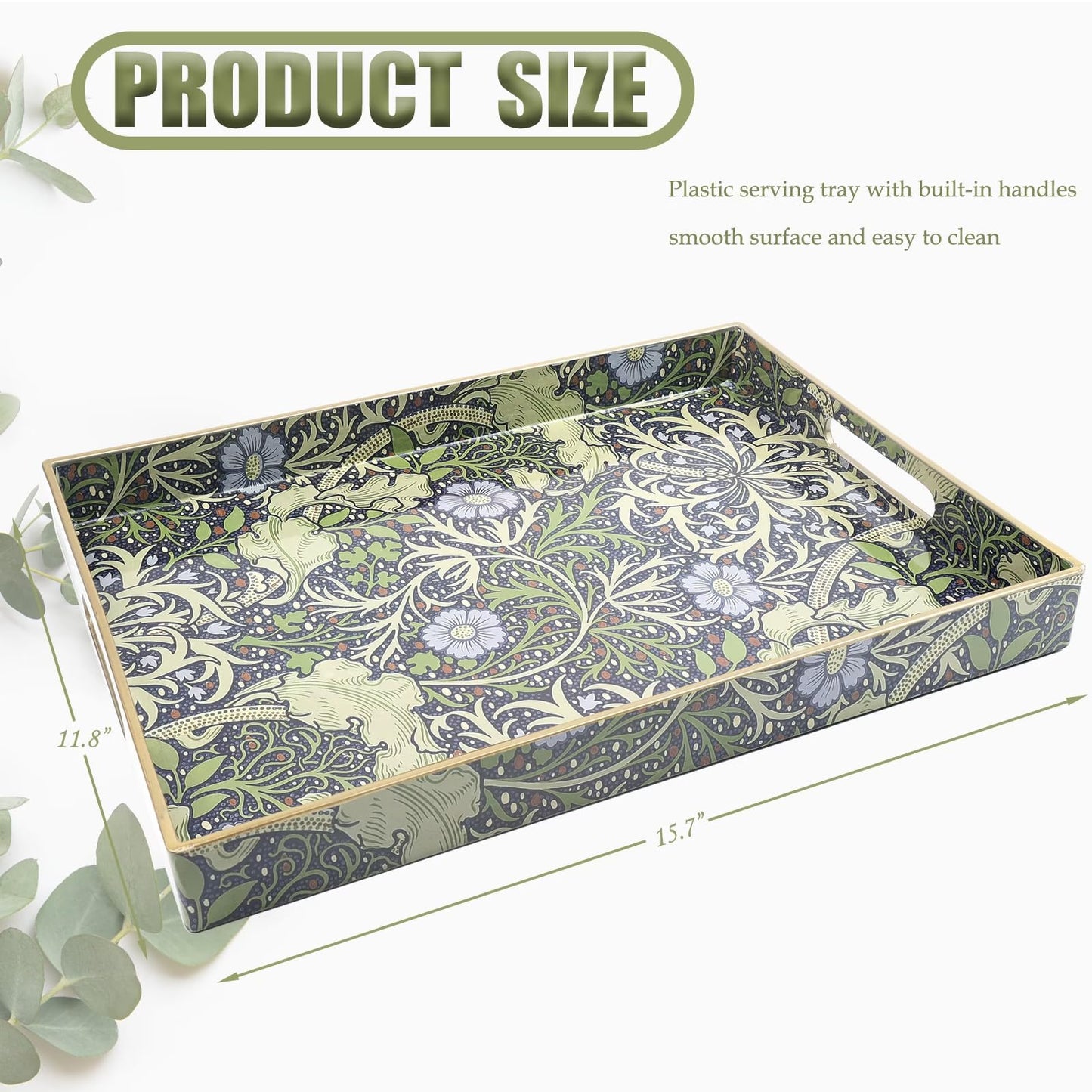 Spsyrine Serving Tray with Handles, Plastic Decorative Tray for Coffee Table, Living Room, Home Decor, Seaweed