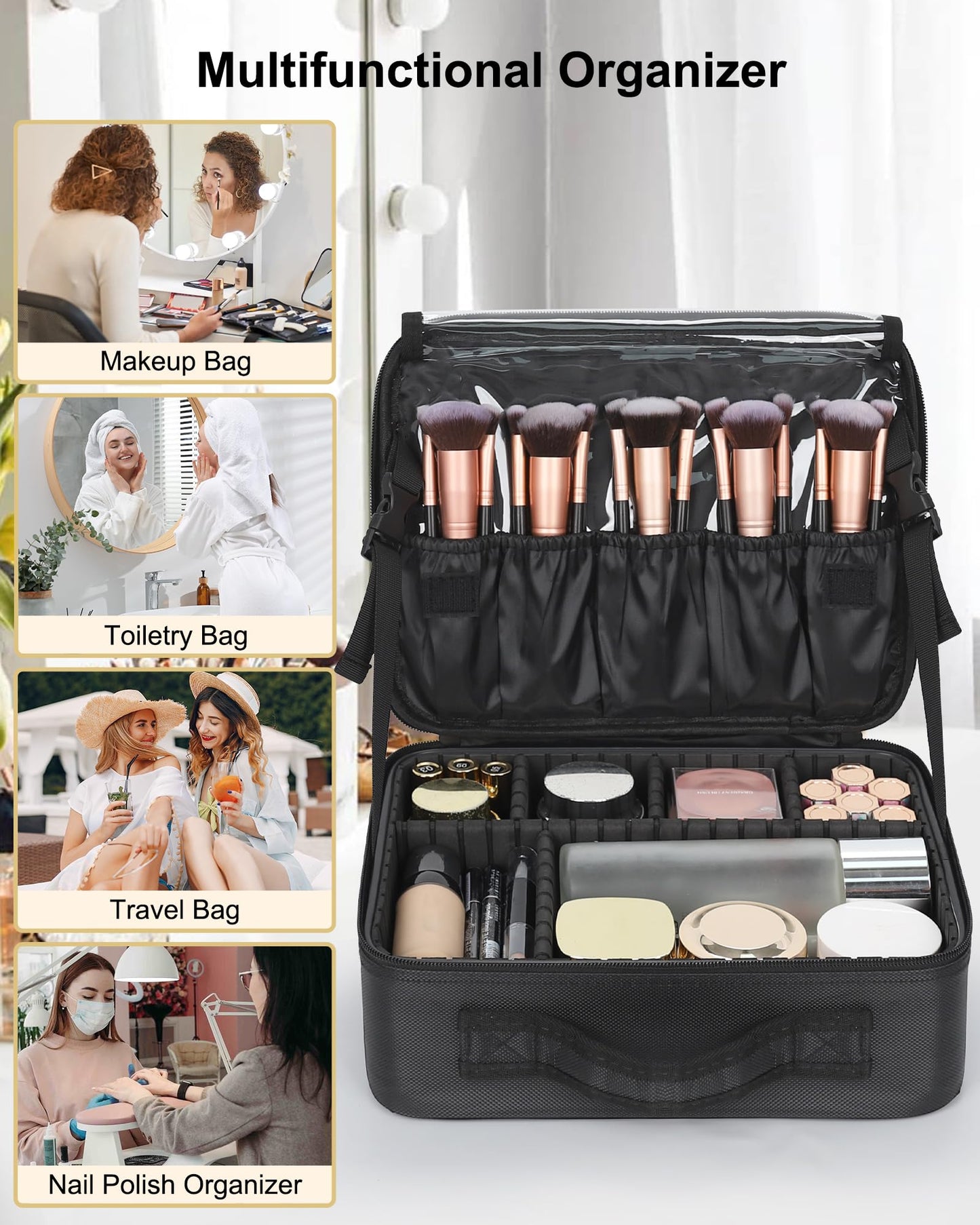 Relavel Makeup Bag Large Cosmetic Bag Travel Train Case Toiletry Bag for Women with Adjustable Dividers, Travel Essentials Organizer Case Storage Box for Skincare, Brushes, Black