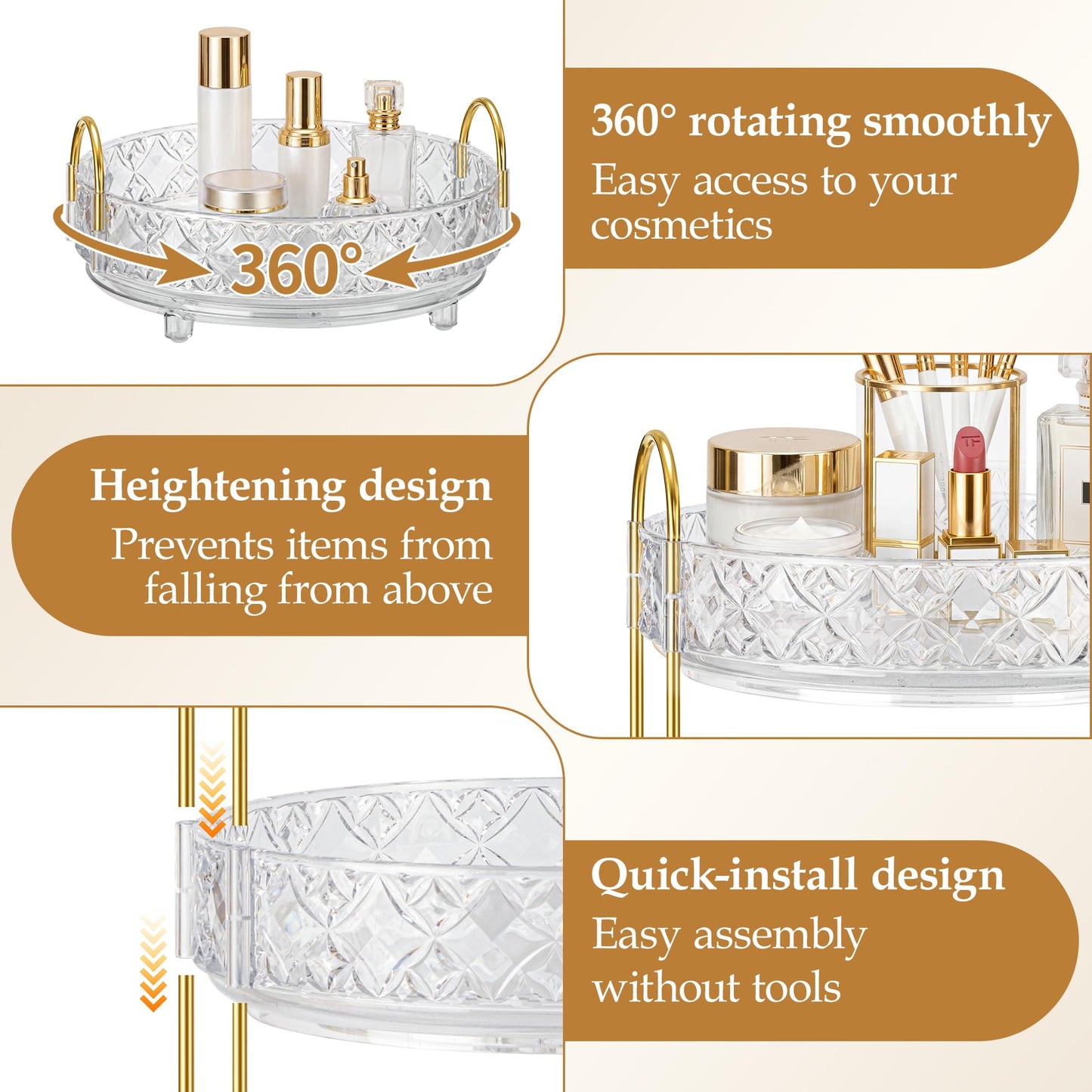 LAREKUN 360 Rotating Makeup Organizer for Vanity, 3 Tier Adjustable Perfume Organizer for Dresser, Multi-Function Spinning Cosmetics Skincare Storage for Bedroom, Dresser, Countertop, Clear