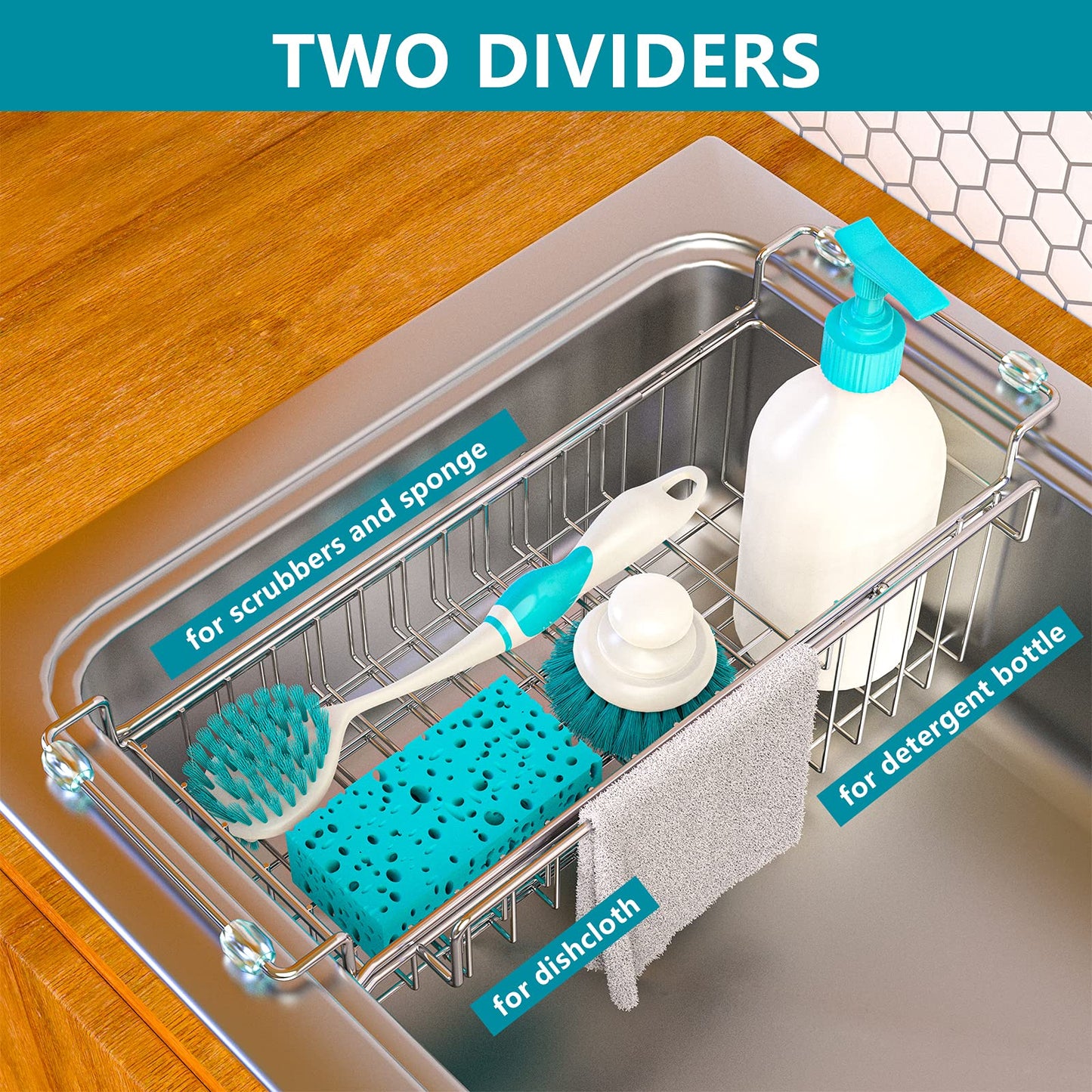 FavoThings Over The Kitchen Sink Caddy Sponge Holder Organizer Drying Rack Expandable for Sponge Brush Soap Dish Cloth Rag 14.5" to 22", Stainless Steel