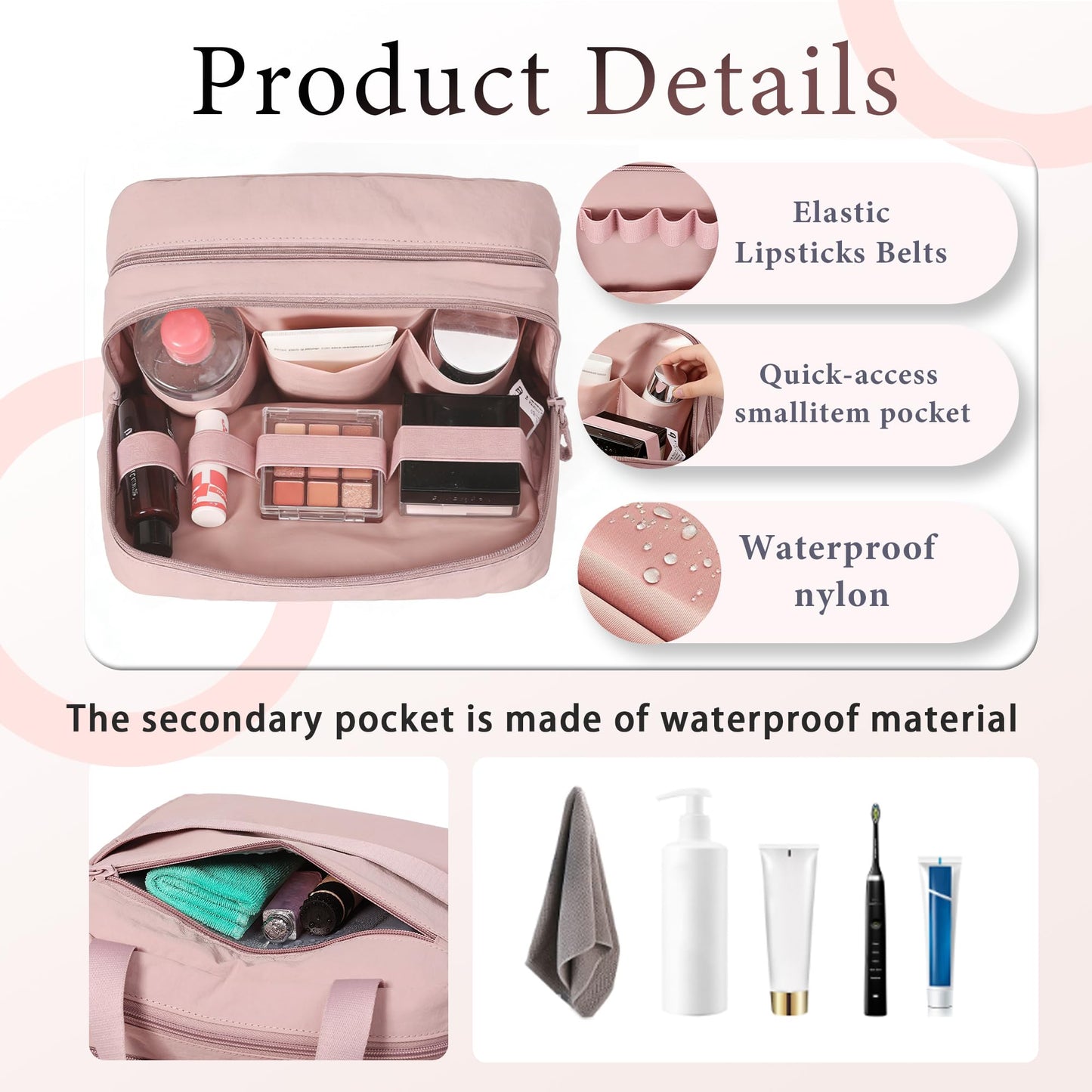 Geerlaqaly standing makeup bag, toiletry Bag 2-in-1 Women's Large Capacity Foldable Travel Makeup Storage Bag, Dry wet separation layer,Portable,black