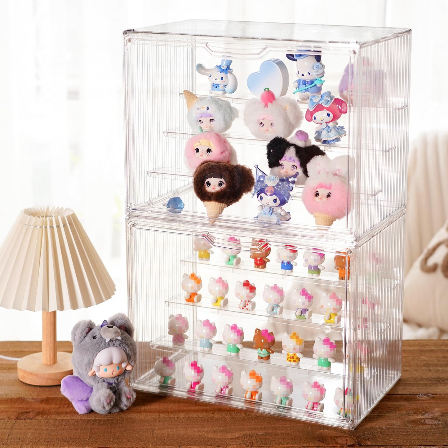 2 Pack Acrylic Display Case, 4 Tier Clear Display Case with Magnetic Door and 3 Adjustable Divider, Stackable Large Figure Display Case for Collectibles Action Figures