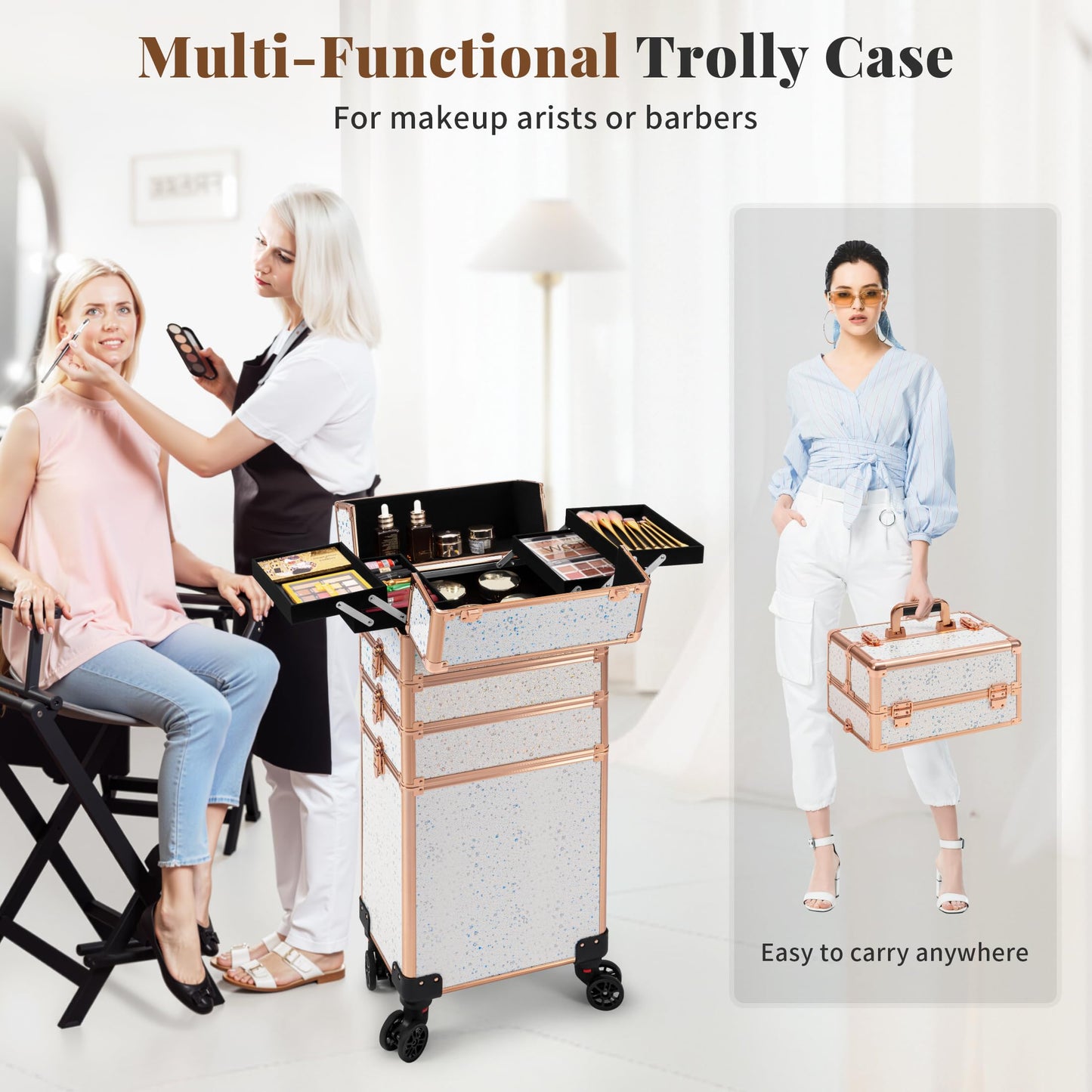 AROUS Rolling Makeup Train Case 5 in 1 Cosmetology Case on Wheels Large Cosmetic Organizer Travel Cart for Hairstylist Artist Nail Beauty Salon Barber,White