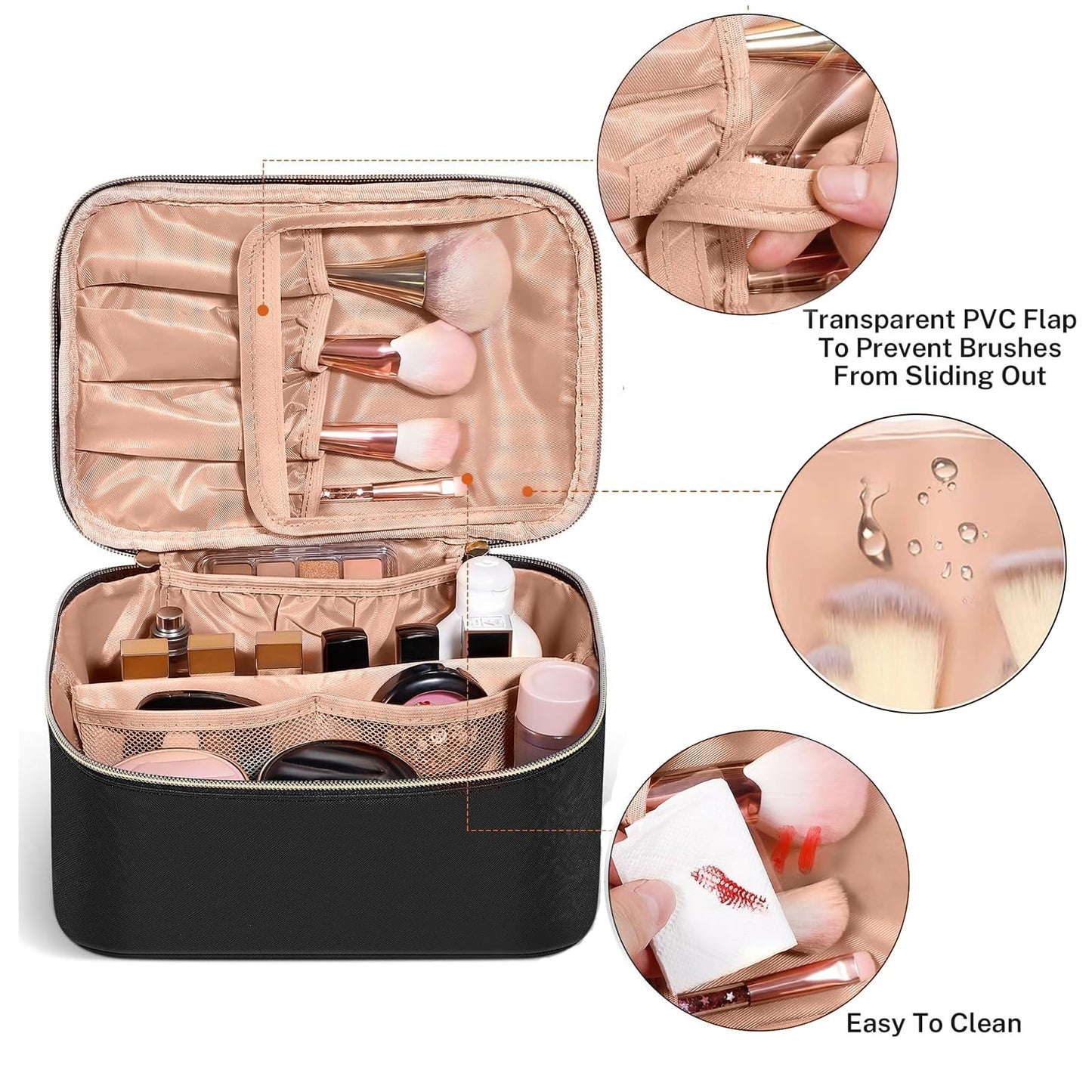 GLONCHX Makeup Bag, Portable Cosmetic Bag, Large Capacity Travel Makeup Case Organizer for Women and Girls, Train Case Makeup Bag for Toiletries for Traveling with Handle and Divider (Black)
