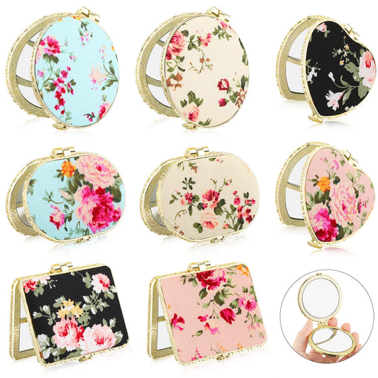 Blulu 8 Pieces Compact Mirror Bulk for Purse Flower Small Floral Retro Folding Portable Pocket Mirror Makeup Vintage for Mother's Day Women Travel Tea Party Birthday Gift(Gold Edge)