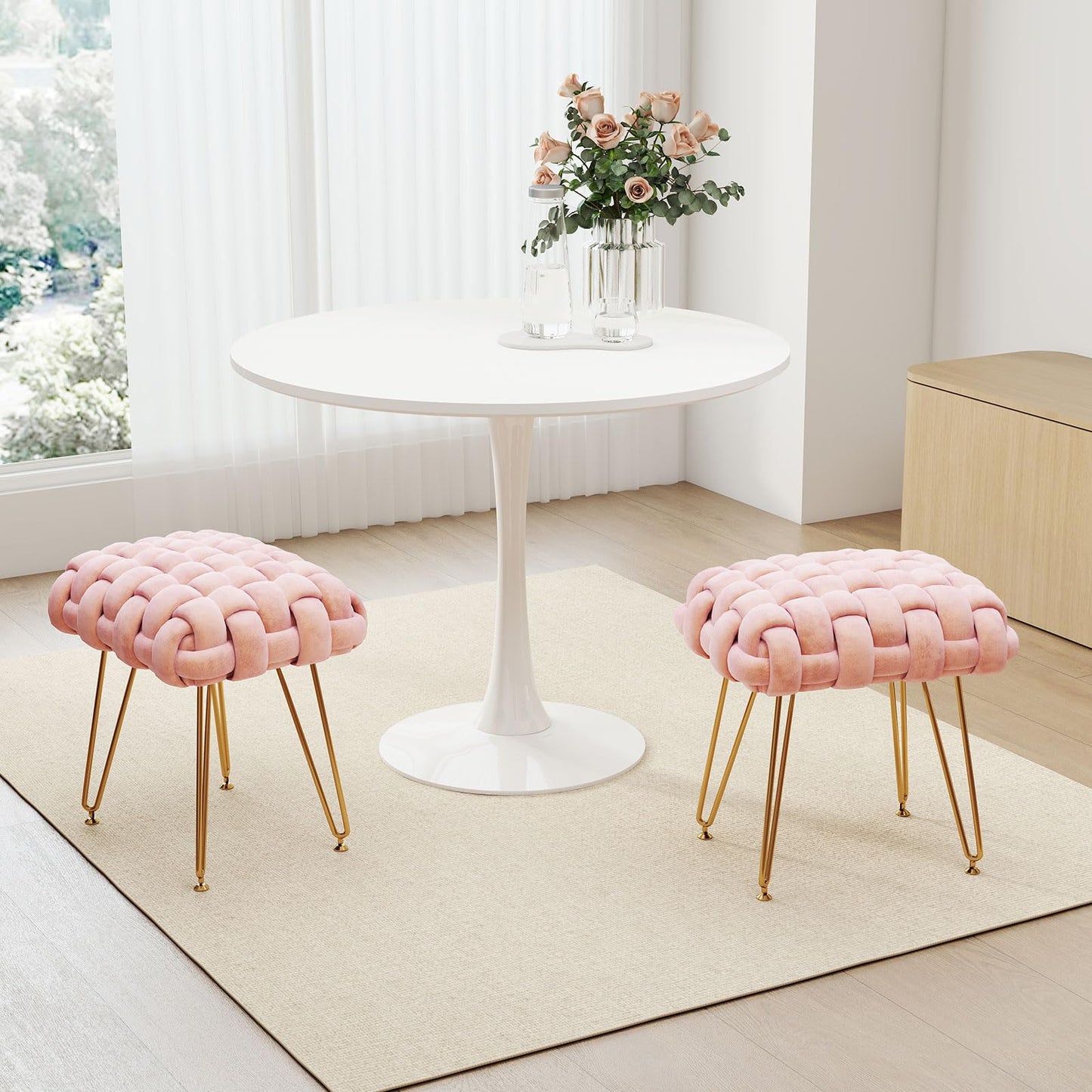 Sefulei Upholstered Velvet Vanity Stool, Hand-Woven Makeup Vanity Chair with Gold Metal Legs, Modern Foot Stool Ottoman for Living Room Bedroom, Easy Assembly (Pink)