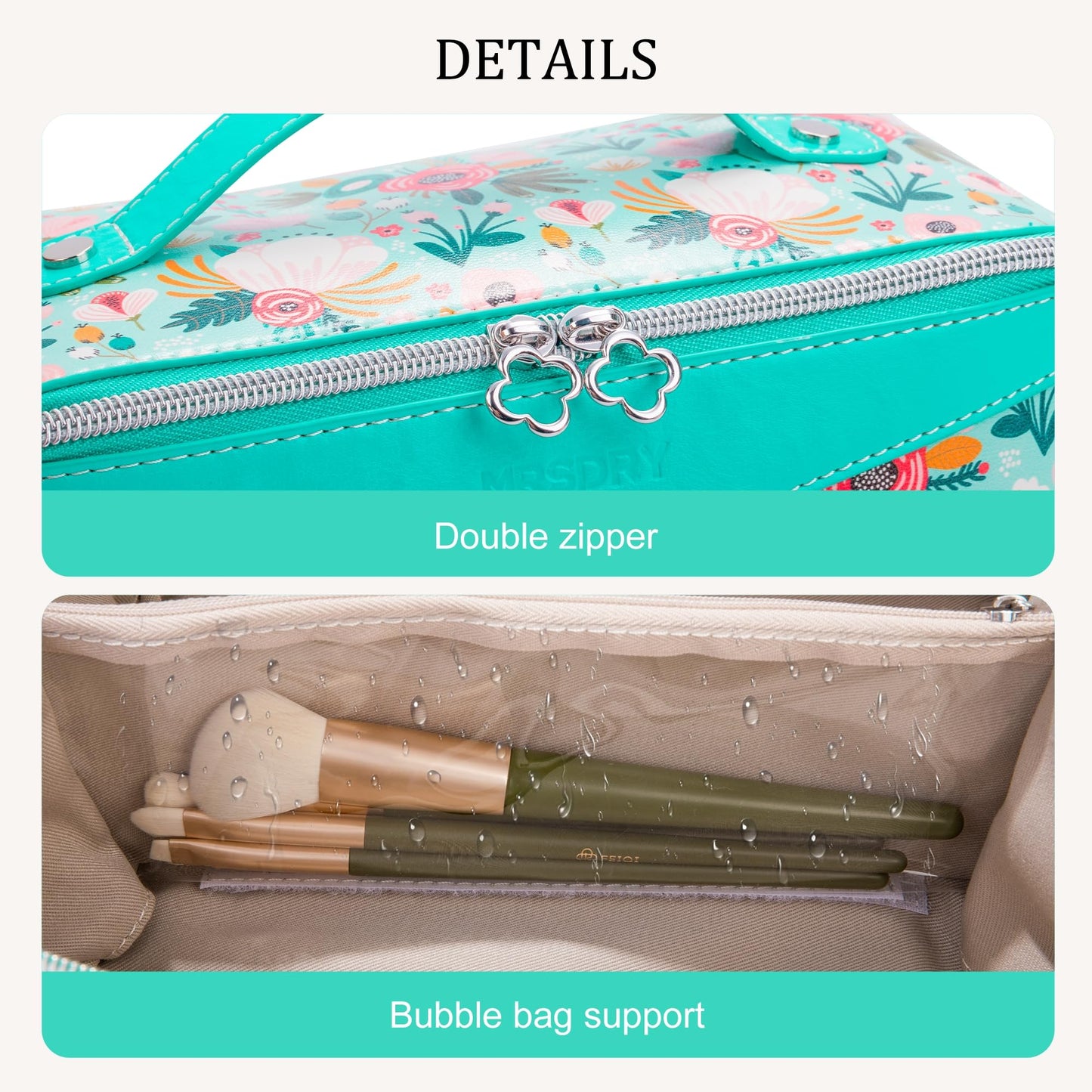 Mrsdry Travel Makeup Bag，Large-capacity waterproof cosmetic bag，Travel bags and toiletries bags for women，PU leather material，Multi-zone and large opening design (Floret)