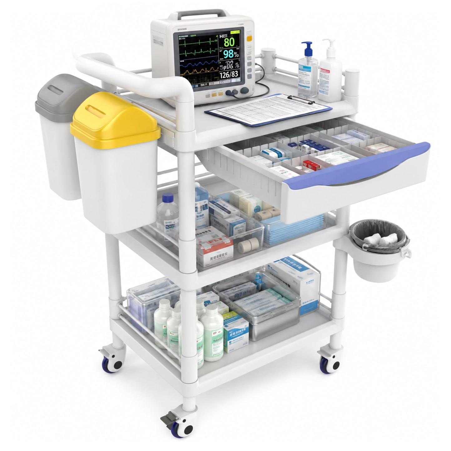 Bravique 3-Tier Workstation Cart with XL Divided Drawer & 2 Flip-Top Bins, Rolling Utility Cart for Clinics, Labs, Treatment Rooms, Spa & Salon, Quiet Lockable Wheels (3-Tier White)