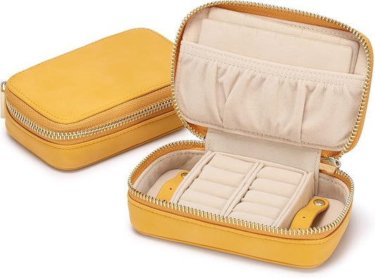 HISCOW Vegan Leather Travel Jewelry Case with Zipper - Portable Necklace & Earring Holder Organizer for Women Girls, Velvet-Lined Ring Box with Anti-Tarnish Design, Yellow