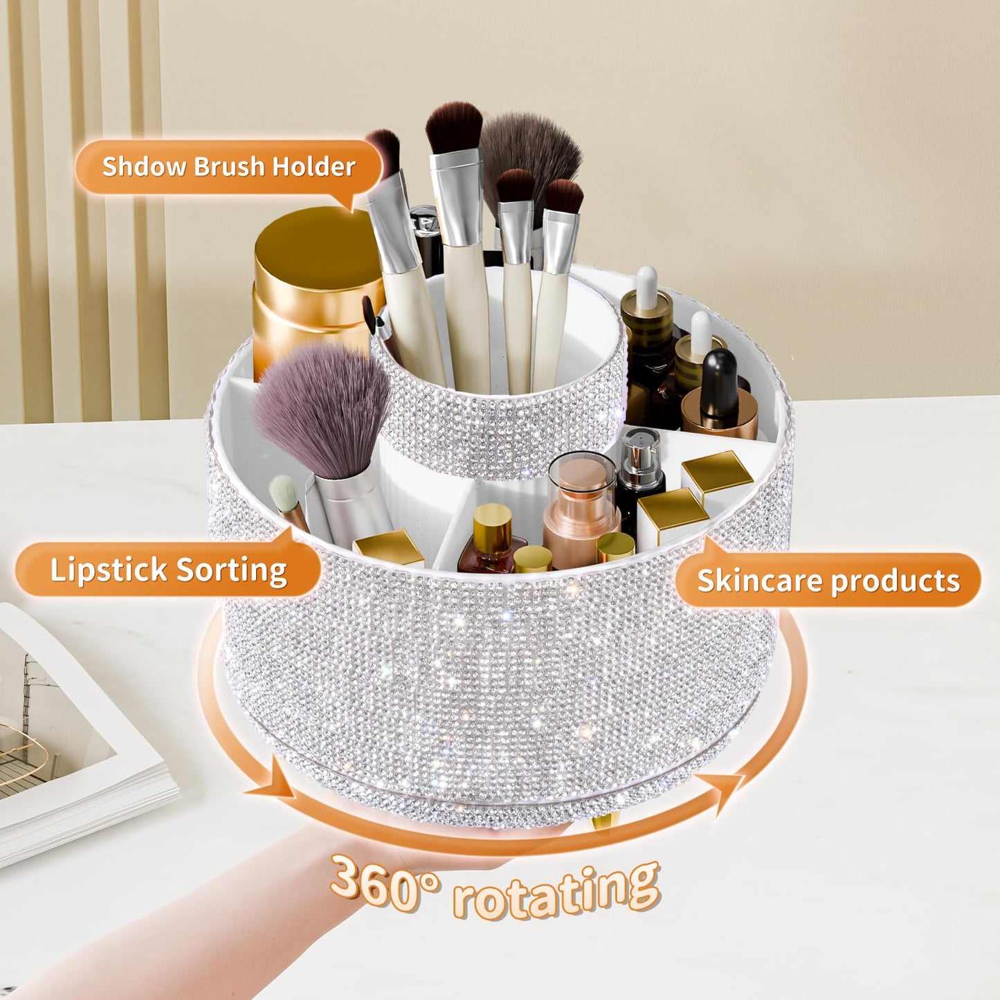 fanado Bling Diamond Makeup Brush Holder, 360° Rotating Makeup Organizer, 5 Slot Make up Brushes Cup for Countertop, Storage for Cosmetics Pen Eyeliner Skincare on the Vanity (Diamond white)