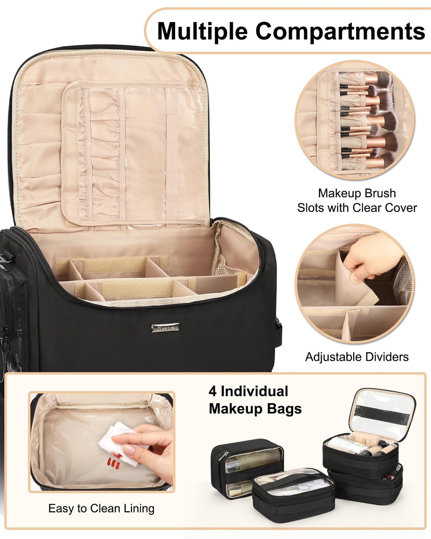 Relavel Rolling Makeup Train Case with 8 Pcs Hook and Loop Patches, Cosmetology Case on Wheels with 4 Clear Bags, Professional Makeup Artist Bags Cosmetic Organizer with 360° Spinner Wheels, Black