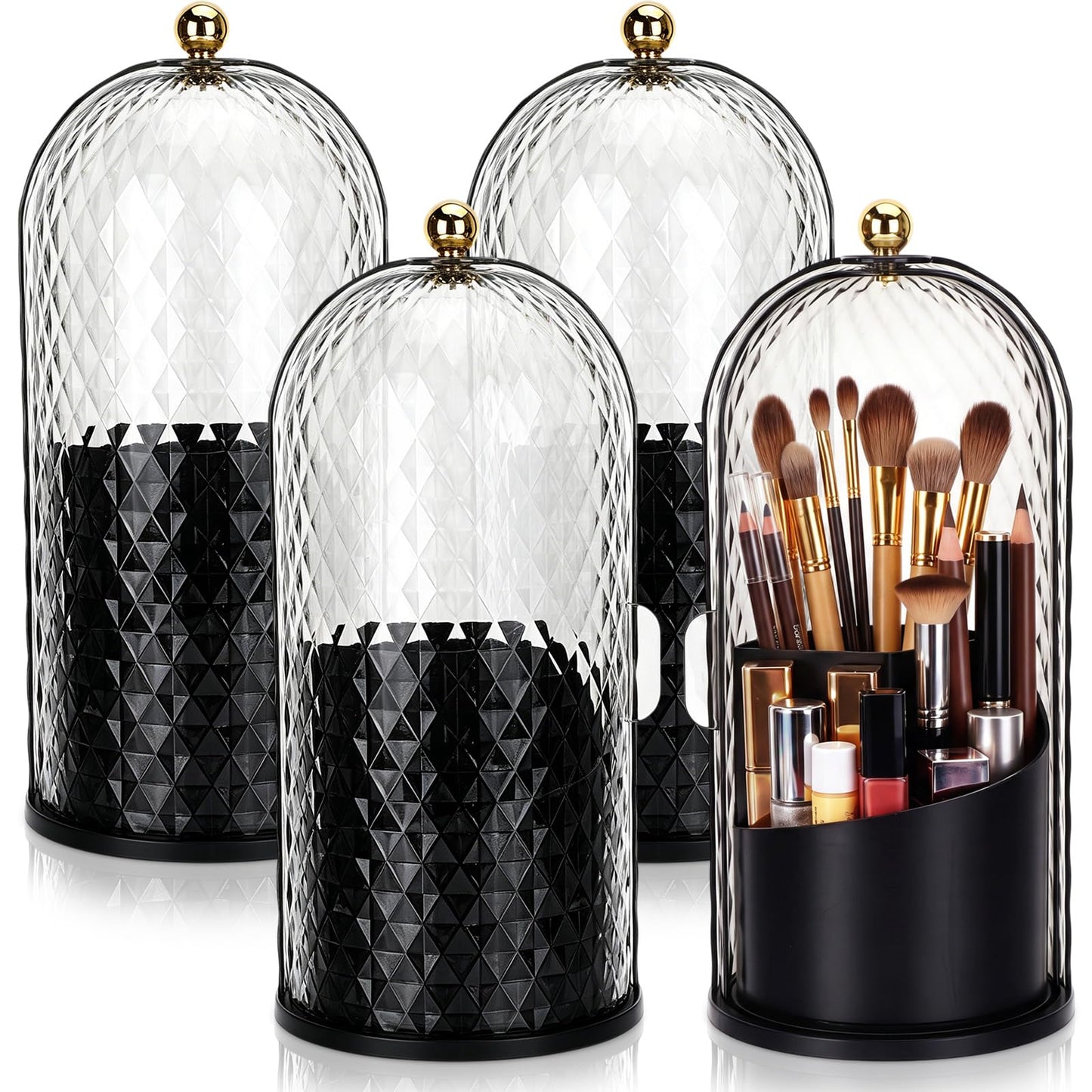 Acellegic 4 Pack Makeup Brush Holder with Lid 360° Rotating Cosmetic Organizer with 3 Compartments Dustproof Beauty Brush Storage for Vanity Bathroom Countertop(Black)