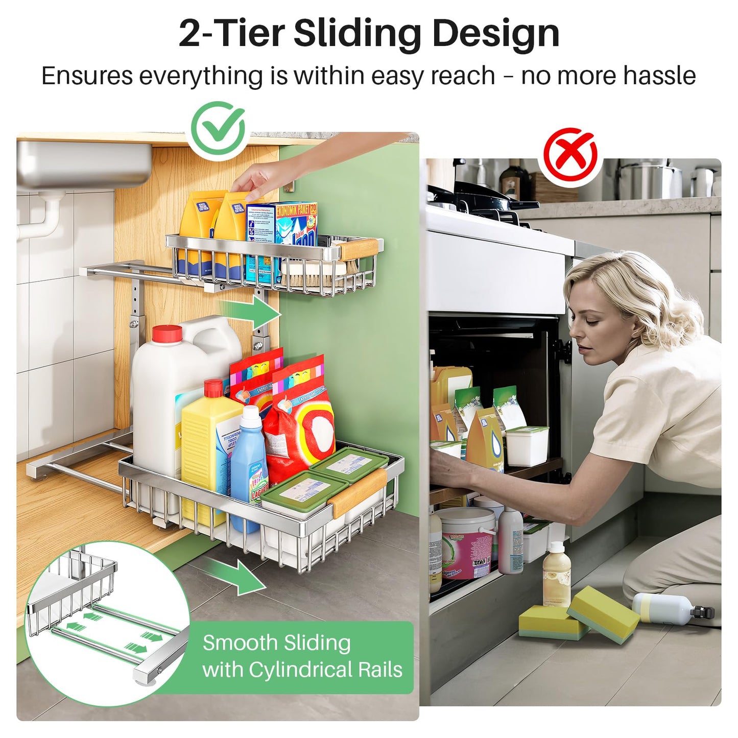 Kitstorack Under Sink Organizer, 2 Tier Under the Sink Storage, Slide out Pull out Cabinet Organizer Shelf, Metal Sliding Drawer for Kitchen Bathroom Pantry Closet Organization Rack, Silver, 1 Pack