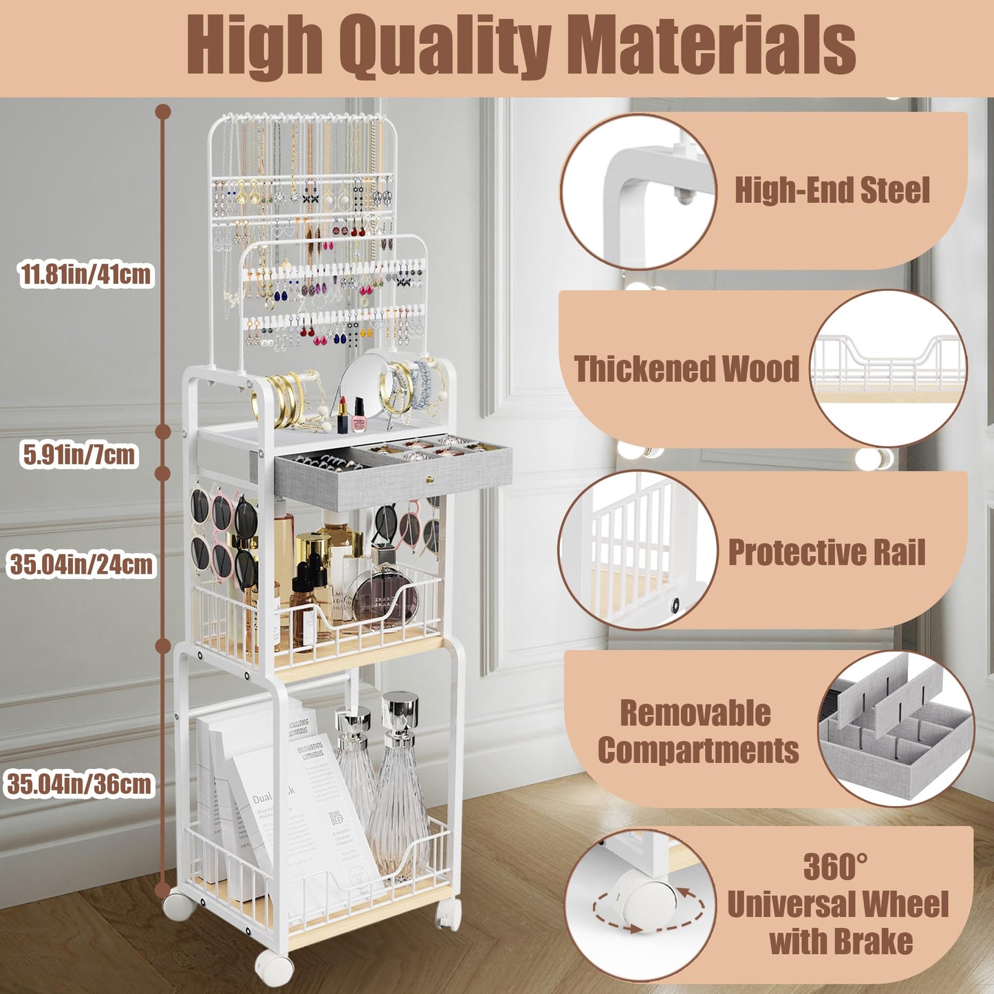 HMIEPRS Large Jewelry Organizer Stand with Box Drawer, Multifunctional Display Cases with Wheels, Armoire Jewelry Cabinet for Earring Necklace Ring Bracelet Makeup