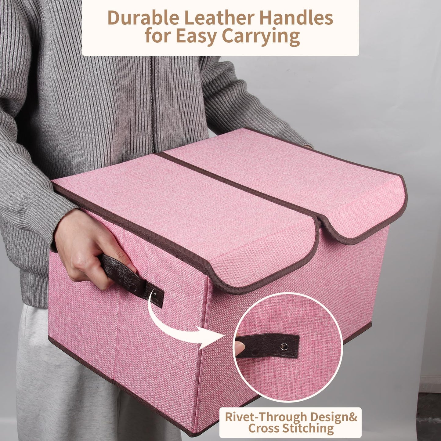 Tcbelosion Foldable Fabric Storage Box with Double-Lid & Dividers, Large Organizer for Home, Closet, Office (Pink, 2 Packs)