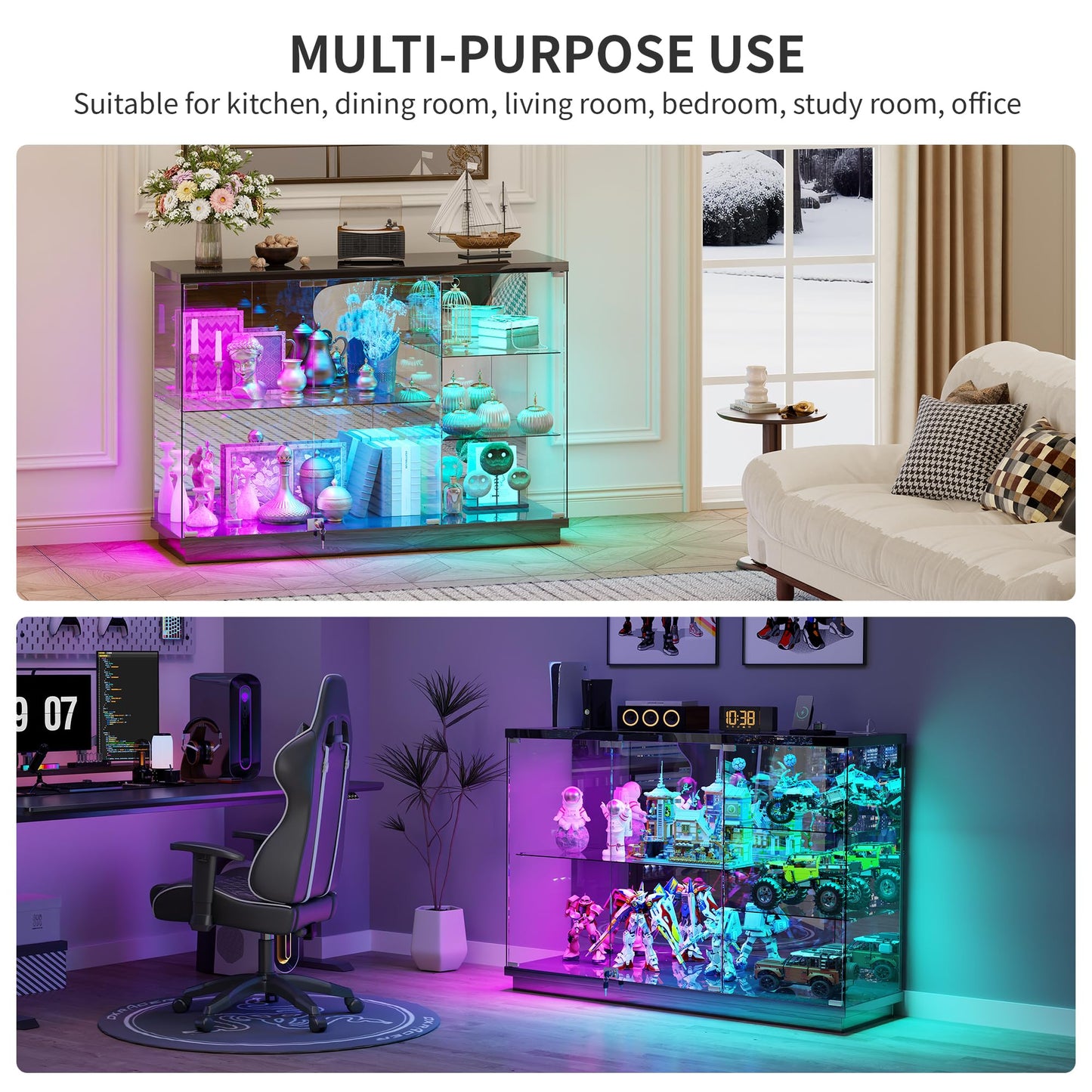 HNEBC 47.2" W Display Cabinet - with Lockable Glass Door,5-Tier Glass Display Case with 12 Lights Modes for Collectibles,Lighted Cuiro Cabinet with Human Sensor,China Cabinet,Living Room,Black