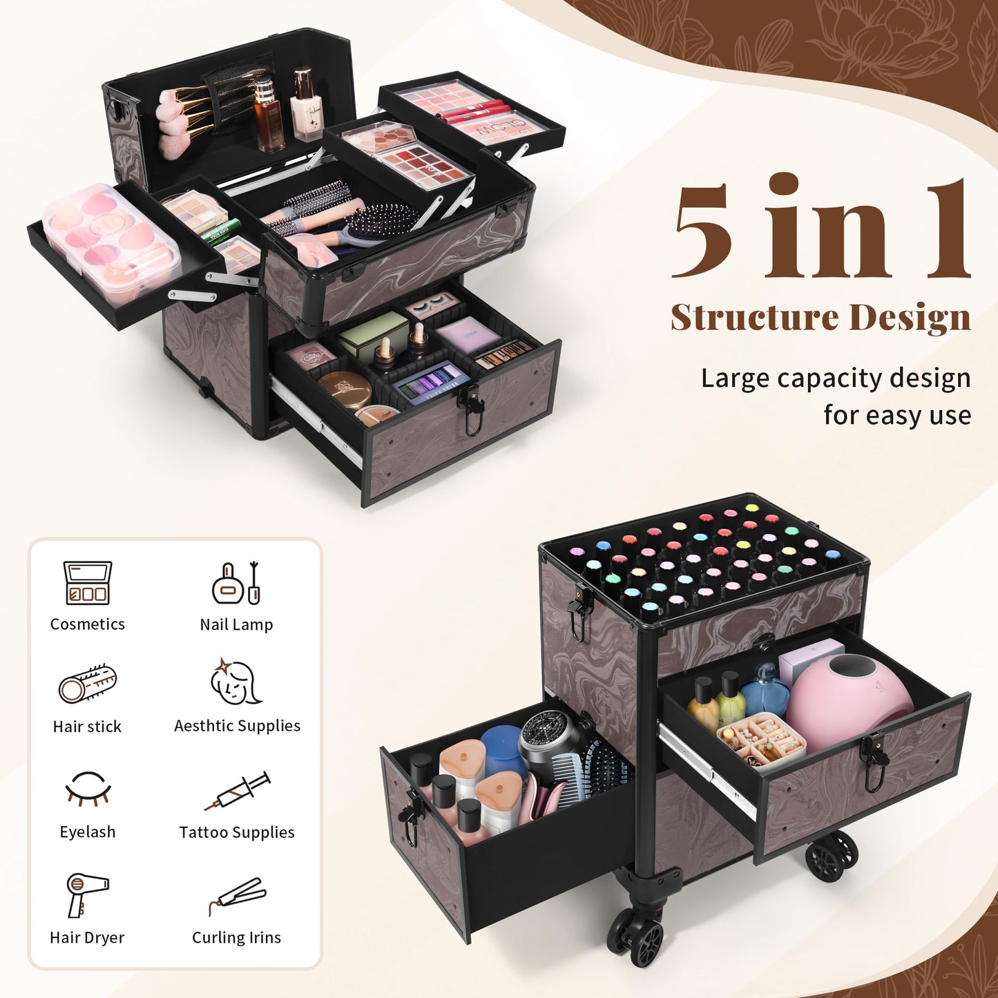 AROUS Rolling Makeup Case with 3 Drawers, Cosmetology Case on Wheels 5 IN 1 Makeup Train Case Make Up Organizer for Artist Salon Nail Teach Trunk,Ink Brown