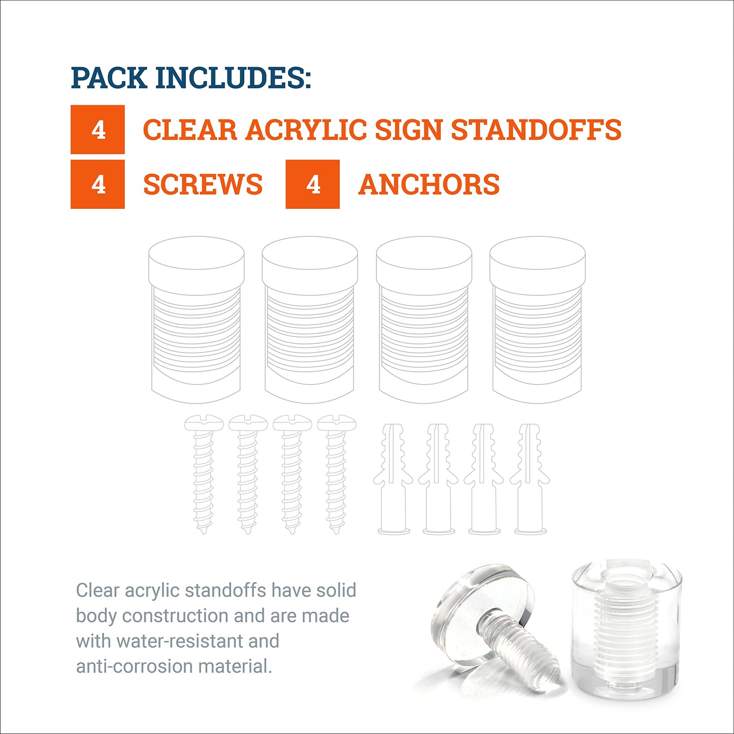 Clear Acrylic Display Sign Standoff - Sign Holder Wall Mounting Kit for Office Placards, Advertisements, and Frameless Pictures and Art (25mm x 25mm - 4 Pack)