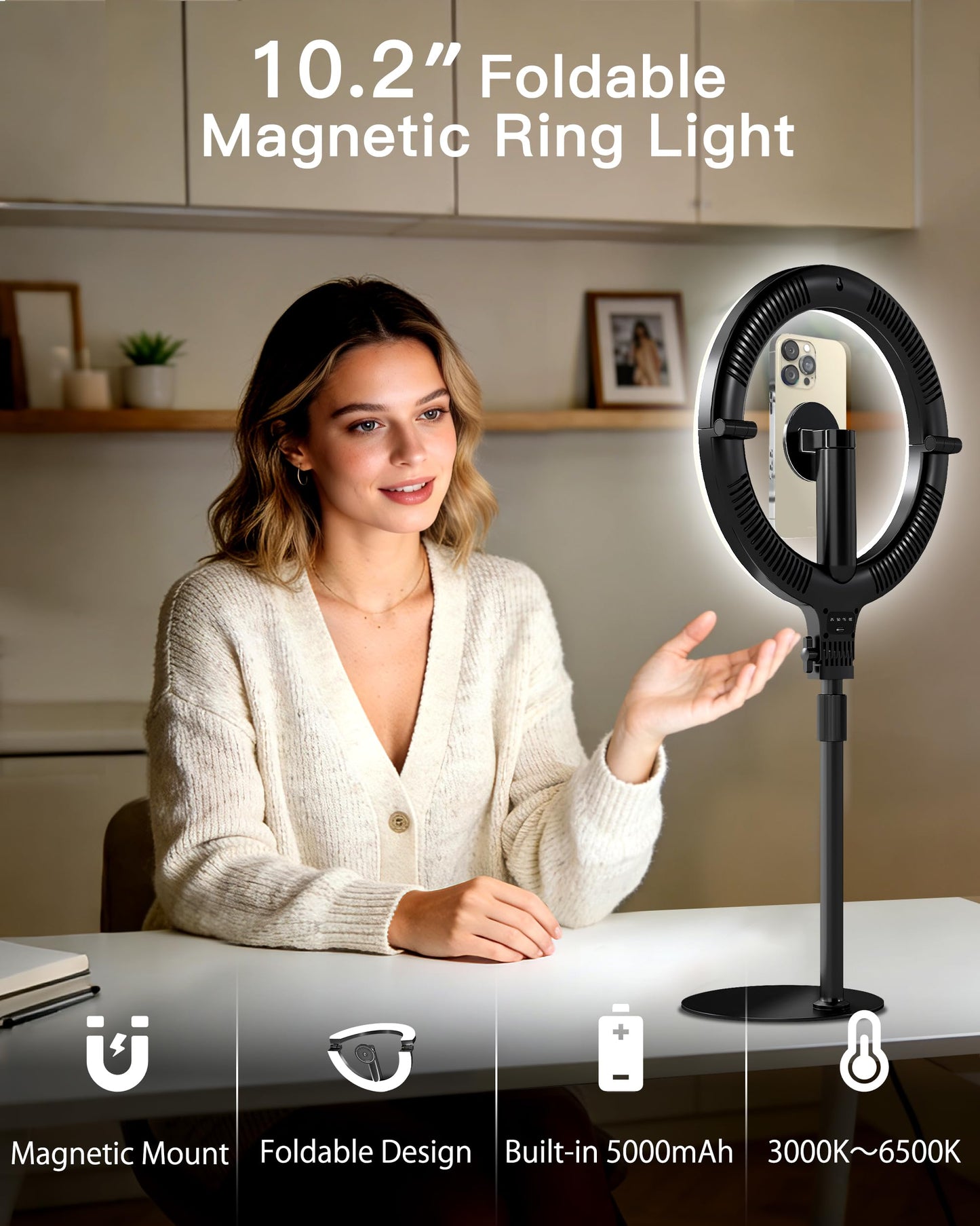 NiceVeedi 10.2” Magnetic Desk Ring Light with Stand, 5000mAh Rechargeable Desktop Ring Light for Phone，3 Color Foldable Selfie Light for Live Stream/Makeup/TikTok/YouTube/Photography/Zoom/Vlogging