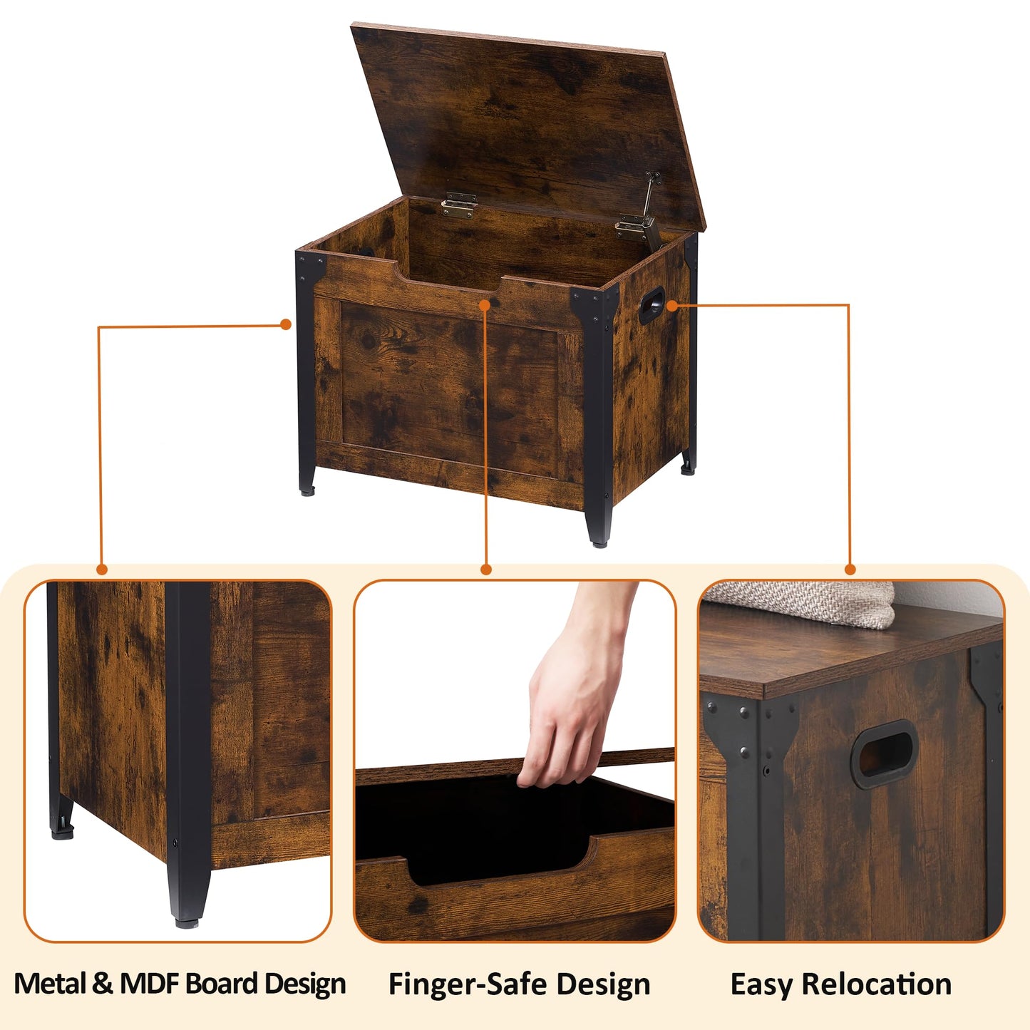 IDEALHOUSE Storage Bench, 23.6" Retro Wooden Storage Chest with 2 Safety Hinges, Loads 300 lb, Easy Assembly, Storage Ottoman Bench for Bedroom Entryway Living Room, Rustic Brown