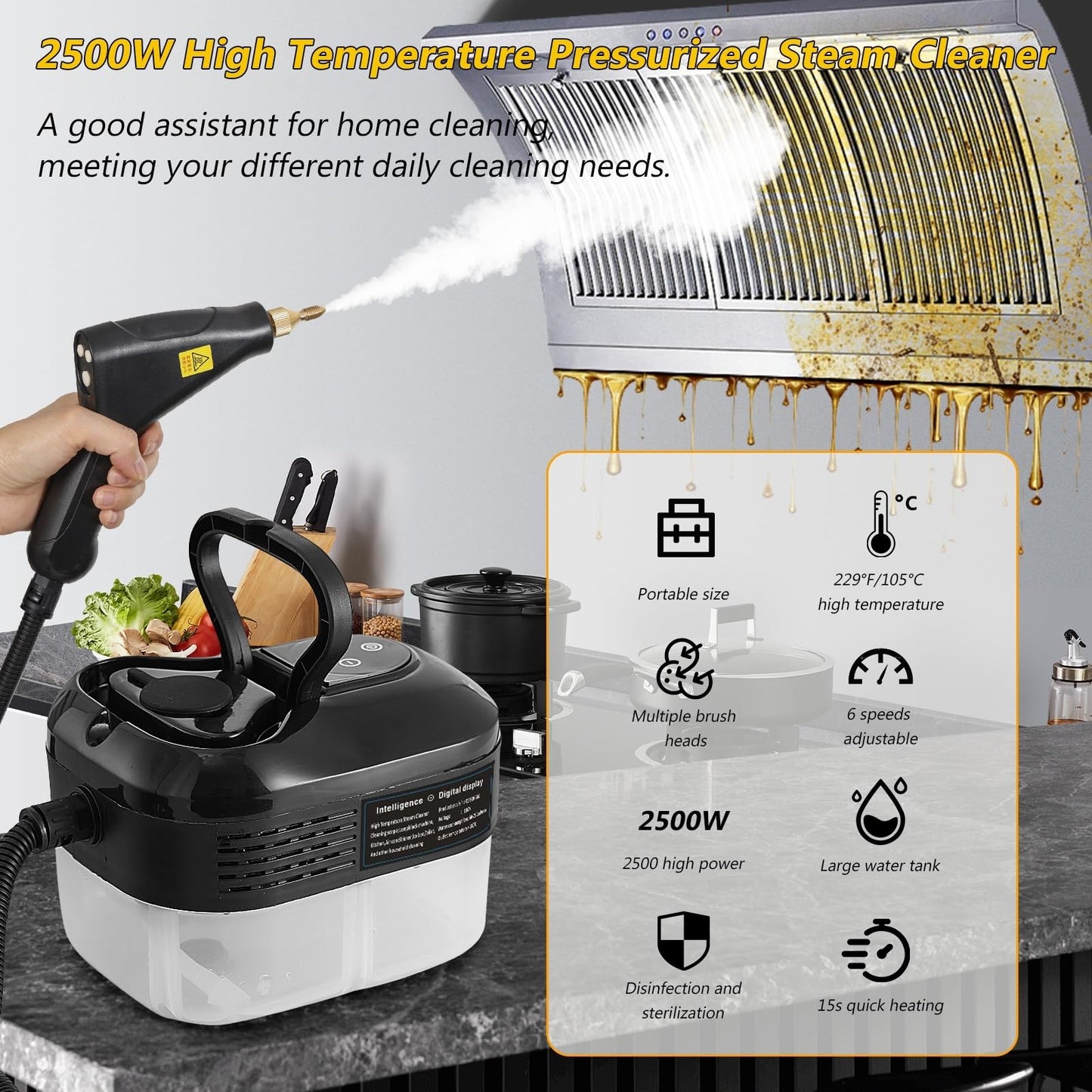 Foandbevi Handheld Steam Cleaner, 2500W High Pressure Multi-Surface Steam Cleaner for Home Use, Car Steamer For Cleaning Auto Detailing Kitchen Floors Tools