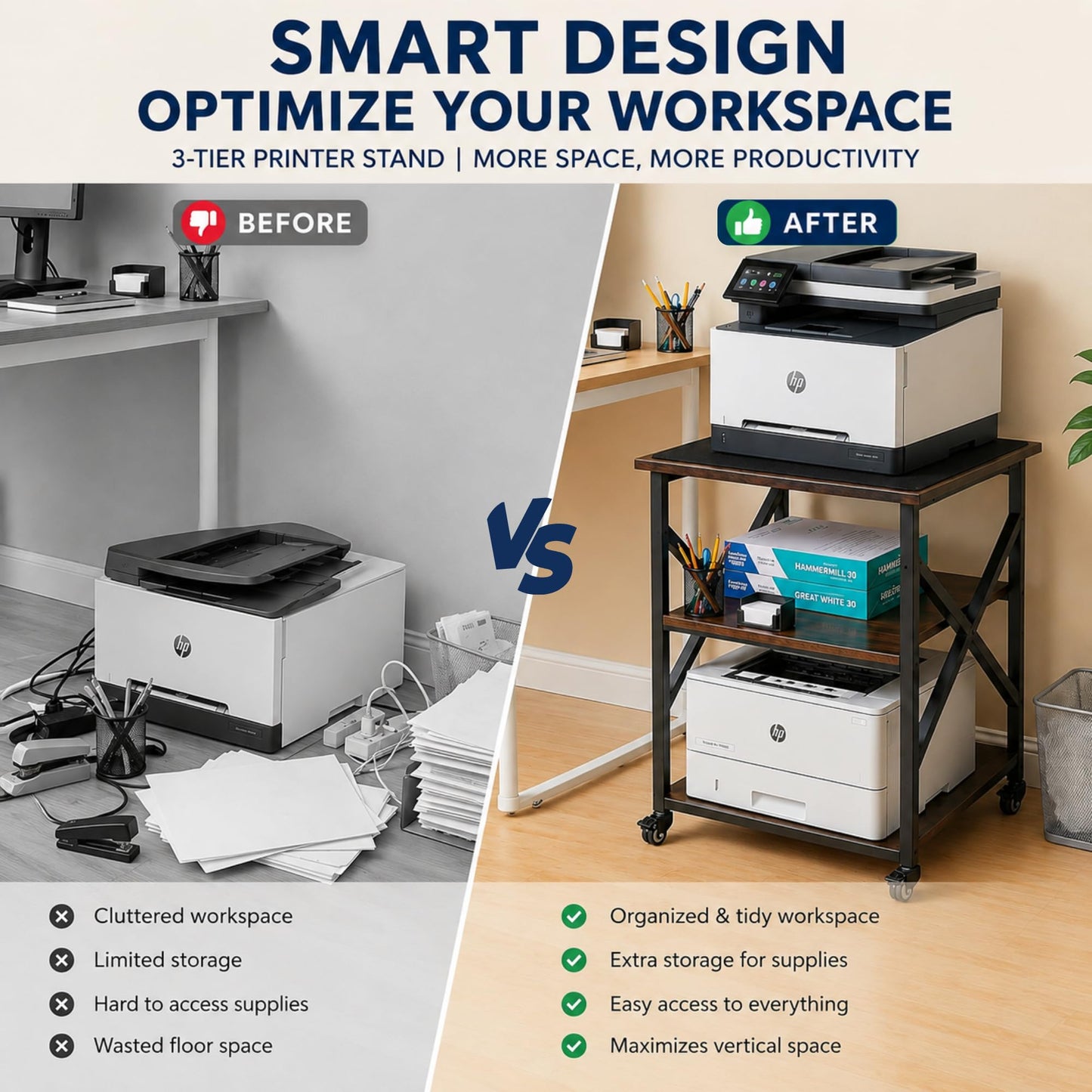 LuxConde Printer Station & Non-Slip Protective Desk Mat, 23.6 x 23.6 x 30.3 in, Adjustable Storage Shelf, Mueble para Impresora, Office Printer Table for Large Printers, Home Office Organization