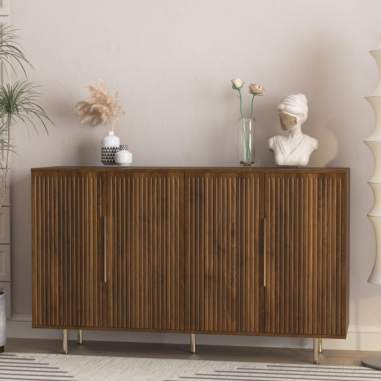 QJZLXKYT Sideboard Cabinet, 56" Large Buffet Cabinet with Storage, Wood Credenza Storage Cabinet with 4 Fluted Decorative Doors and Adjustable Shelves, for Living Room, Kitchen, Entryway, Walnut