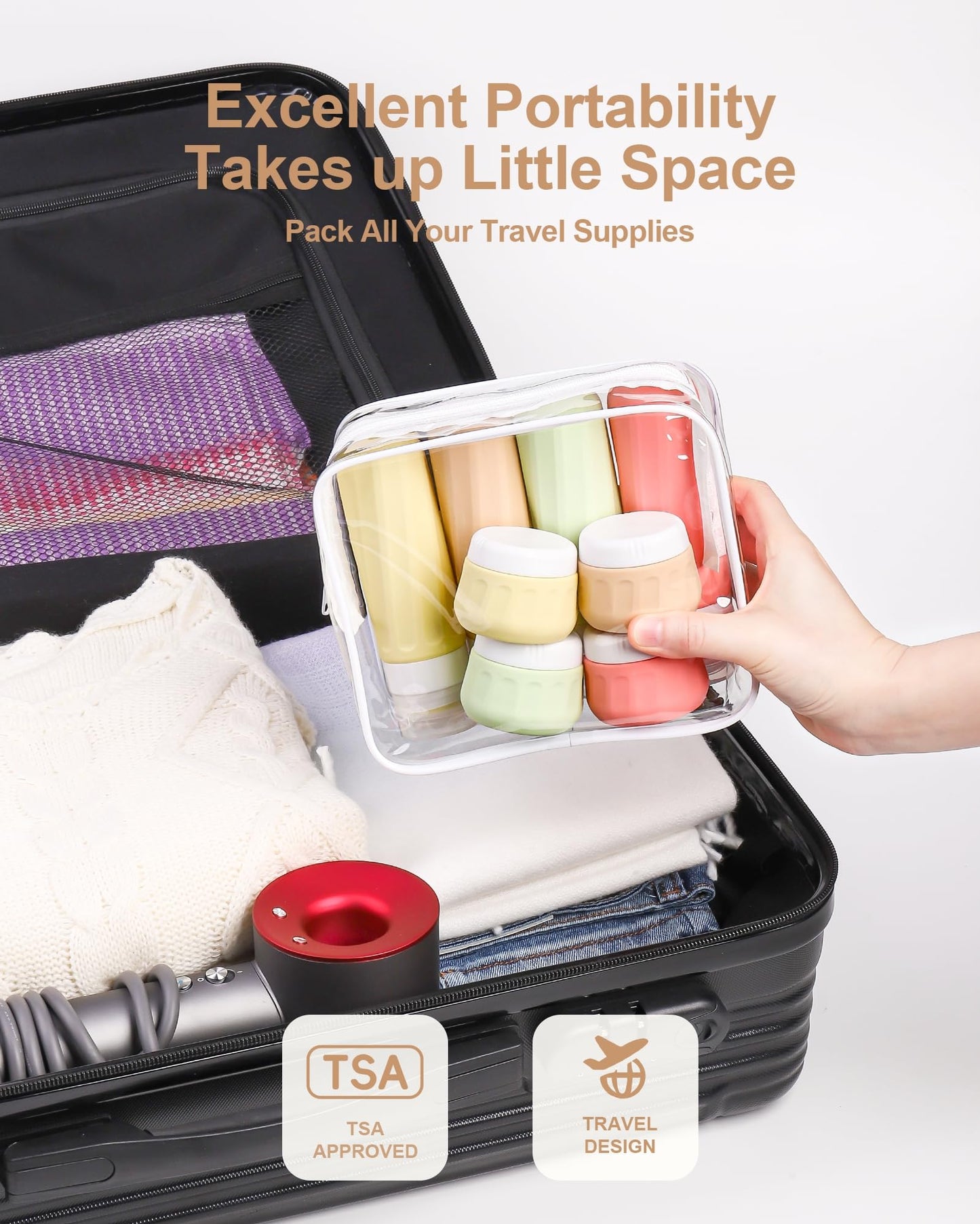 Mrsdry Travel Bottles for Toiletries 8 Pack, Travel Size Toiletries, Tsa Approved Travel Size Containers 3oz, with Travel Essentials Clear Bag, Leak Proof Silicone Squeezable Creams Jars