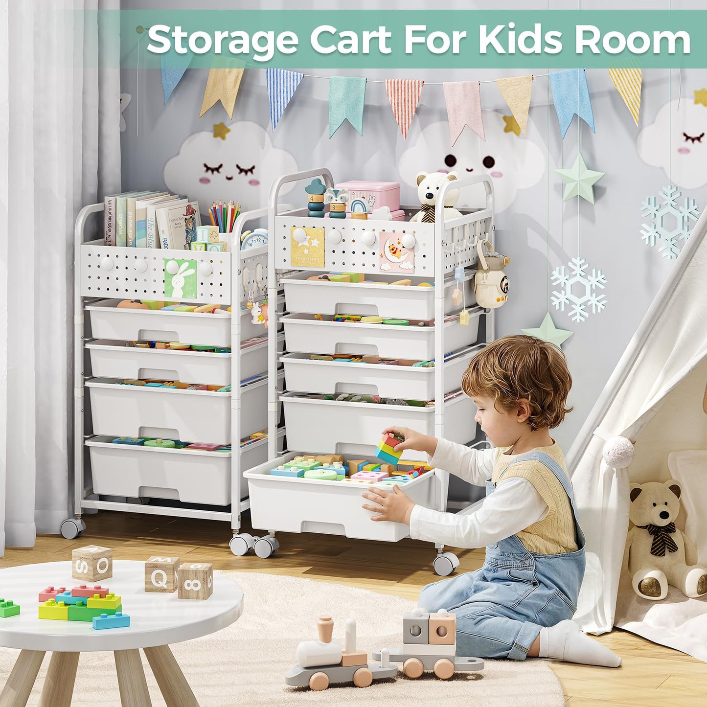 5 Drawer Rolling Storage Cart with Pegboard Top and Hooks, Mobile Utility Organizer with Wheels for Office Supplies, Craft Storage, Classroom Organization, Home Storage Cart, White