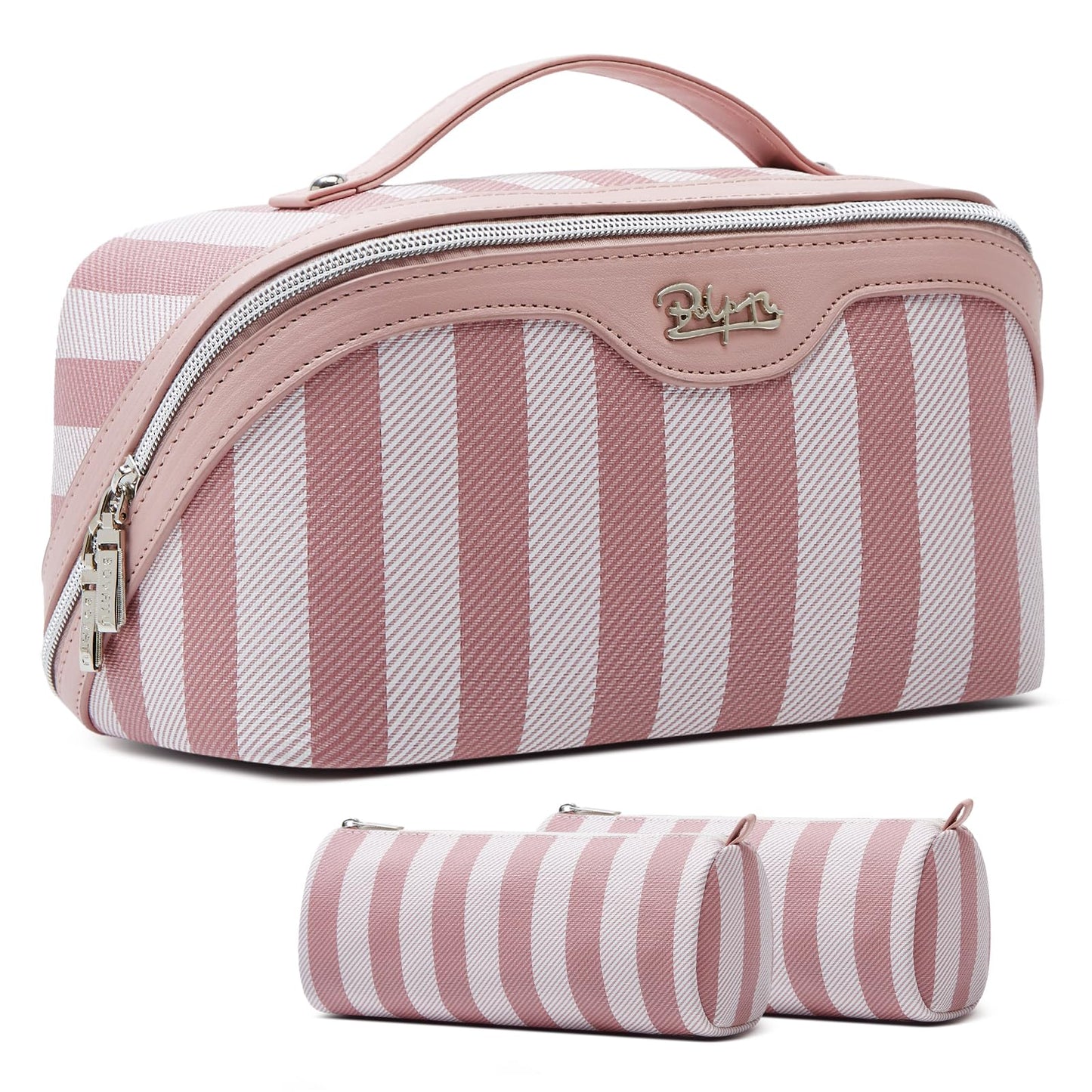 BOYATU Travel Makeup Bag Cosmetic Bag for Women: 3 Pcs Set Striped Make up Bag with Compartments - Waterproof Vegan Leather Toiletry Bags with Handle - Makeup Organizer for Travel Essentials(A-3-Pink)
