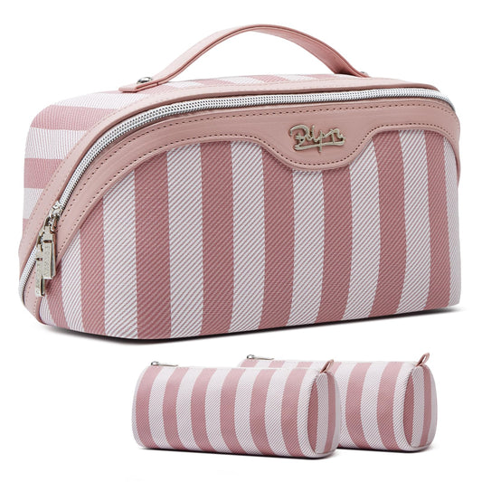 BOYATU Travel Makeup Bag Cosmetic Bag for Women: 3 Pcs Set Striped Make up Bag with Compartments - Waterproof Vegan Leather Toiletry Bags with Handle - Makeup Organizer for Travel Essentials(A-3-Pink)