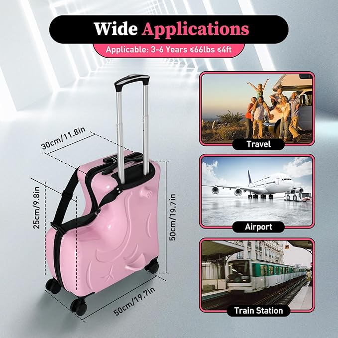 DNYSYSJ 20 Inch Children's Ride On Trolley , Portable Universal Wheel Carry On Luggage, Waterproof Unisex Boys Girls Travel Suitcase With Lock, ABS+PC (Pink)