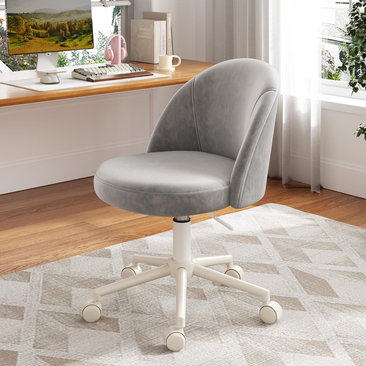 EnHomee Velvet Vanity Chair with Wheels, Ergonomic Desk Chair with Height Adjustable, Armless Makeup Chair for Home Office, Bedroom, Dorm, Muted Grey