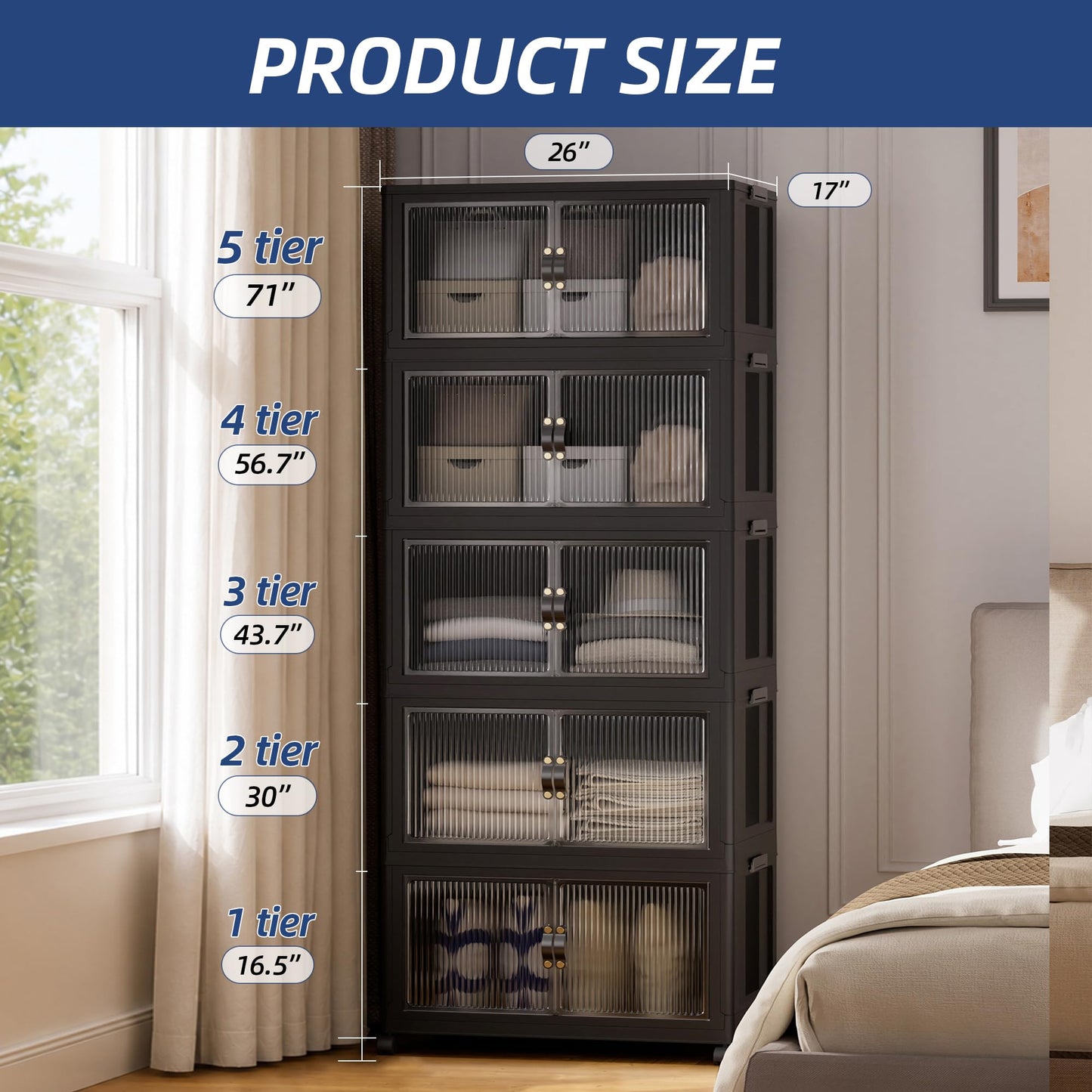 SAILUN 145Gal/580Qt Collapsible & Stackable Storage Bins with Door & a Lid,Perfect for Blanket Storage, Pillow Organizer, Bedroom Closet & Living Room, Black 26" W x 17" D x 71" H
