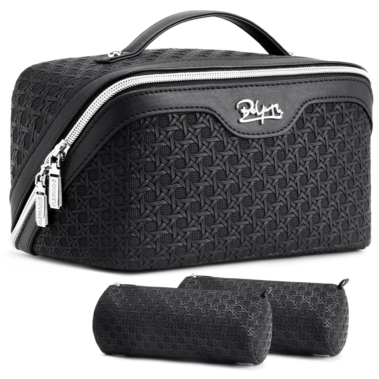 BOYATU Travel Makeup Bag Cosmetic Bags for Women: Large Capacity 3 Pcs Set Make up Bag with Compartments - Waterproof Vegan Leather Toiletry Organizer Bags with Handle (M-71Black)