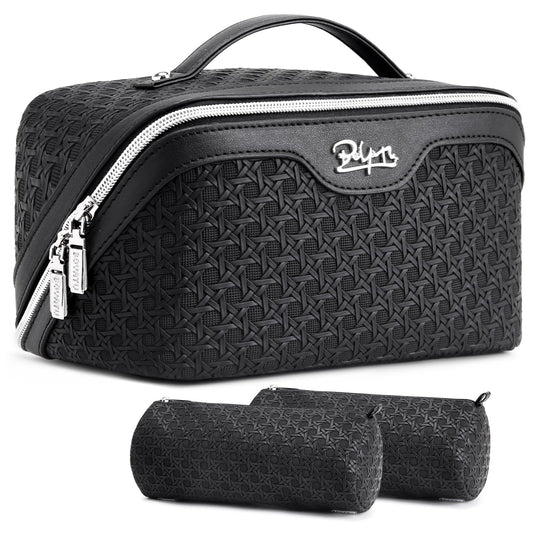 BOYATU Travel Makeup Bag Cosmetic Bags for Women: Large Capacity 3 Pcs Set Make up Bag with Compartments - Waterproof Vegan Leather Toiletry Organizer Bags with Handle (M-71Black)