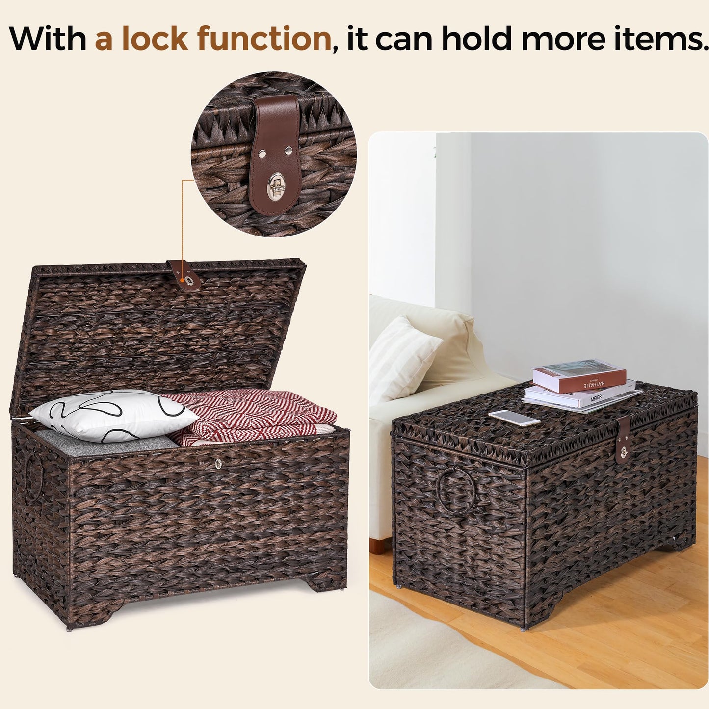 Honjourai Handwoven Storage Basket with Lid, 165L Plastic Rattan Storage Bin, Leather Buckle & Metal Frame, Large Metal Ring Handles, Storage Trunk for Bedroom, Laundry Room