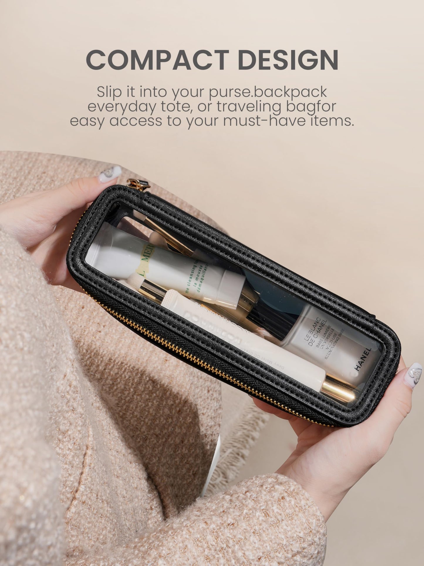 ROWNYEON Small Waterproof Toiletry Organizer Train Case, CLear Travel Makeup Bag for Women，Transparent Cosmetic Bag，Portable Makeup Case Organizer (black)