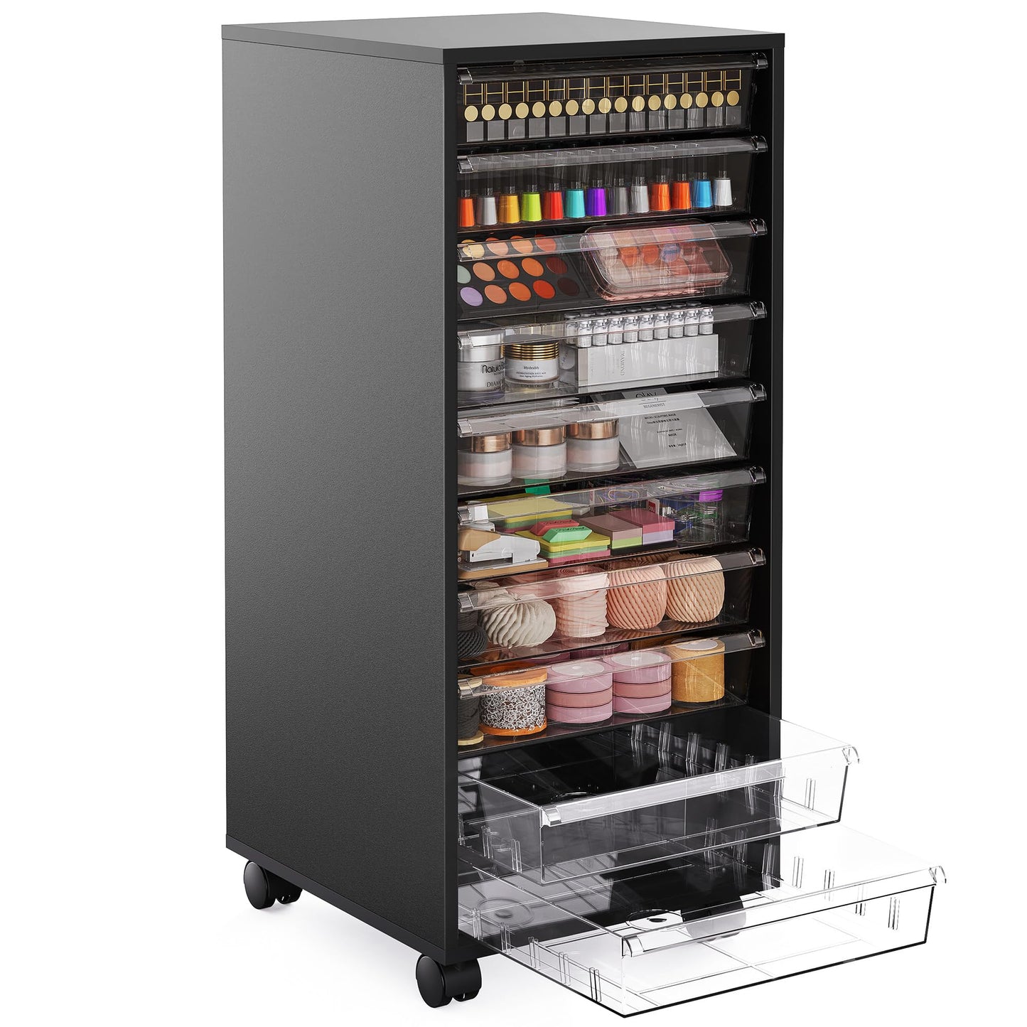 WOPITUES Storage Drawer Cart, Mobile Storage Cabinet, Makeup Storage with 10 Large Clear Drawers, Utility Wooden Rolling Cart on Wheels, for Cosmetic, Art Craft, Office Supplies, Toy, Black