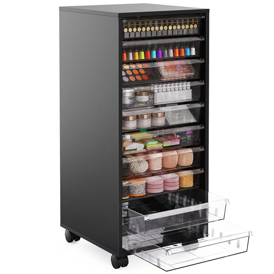 WOPITUES Storage Drawer Cart, Mobile Storage Cabinet, Makeup Storage with 10 Large Clear Drawers, Utility Wooden Rolling Cart on Wheels, for Cosmetic, Art Craft, Office Supplies, Toy, Black