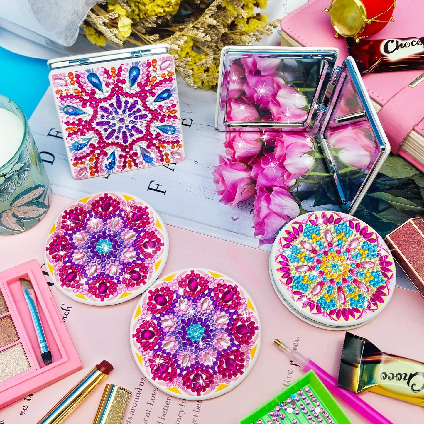 FILASLFT Diamond Painting Compact Mirror,Diamond Art Mirror,4 Pcs Makeup Mirror Pocket Cover Portable Magnifying Folding Purse Mirror,Christmas Birthday Gifts for Women Girls(Mandala)