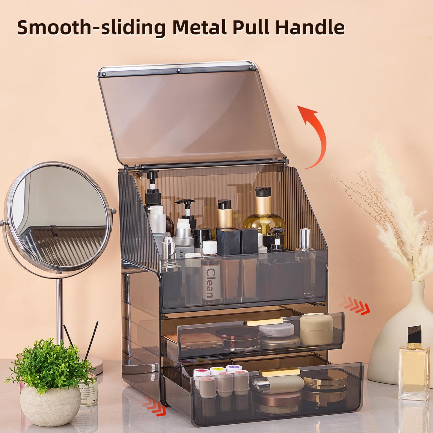 Large 3-Tier Makeup Organizer with Drawers and Lipstick Holder, Dustproof Waterproof Skincare Storage Box for Bathroom Countertop, Vanity Cosmetic Organizer,Clear Black