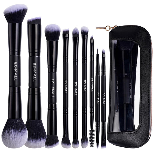 BS-MALL Double-ended Makeup Brush Set With Concealer Brush & Foundation Brush, Eyeshadow Brush- Travel-friendly Multi-purpose Brushes In Makeup Bag For Daily Use (9 PCS Black)