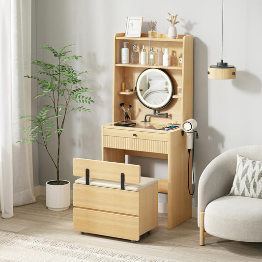 IRONCK Small Vanity Desk with Adjustable Makeup Mirror and LED Lights, Modern Glass Top w/Drawers, Shelves & Hidden Stool Storage, Dressing Table Set w/Charging Station for Bedroom, Oak