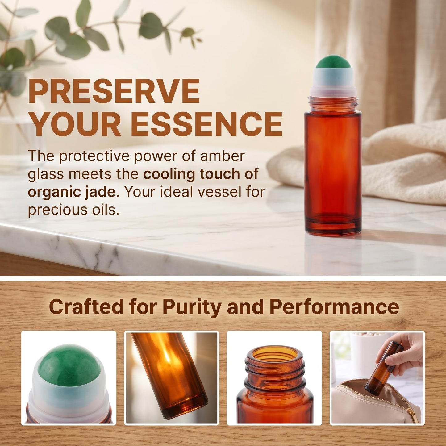 Roller Ball Applicator,Rose Quartz Roller Bottle,50ml Refillable Amber Glass Roll On Bottles with Natural Crystal Roller Balls,Leak-Proof Travel Perfume Bottle with Gold Caps (Green)