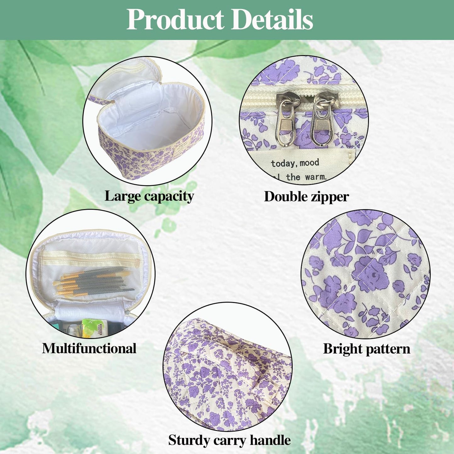 WYJ Purple Large Quilted Floral Makeup Bag Set of 3 Cute Coquette Aesthetic Cosmetic Bag Set Travel Toiletry Bag for Women