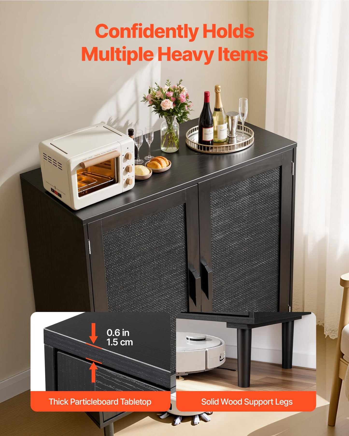 VEVOR Buffet Cabinet, Rattan Sideboard Cabinet with 2 Magnetic Doors and Adjustable Shelves, Accent Sideboard Buffet with Wooden Legs & Power Cord Hole for Hallway, Entryway, Kitchen, Black